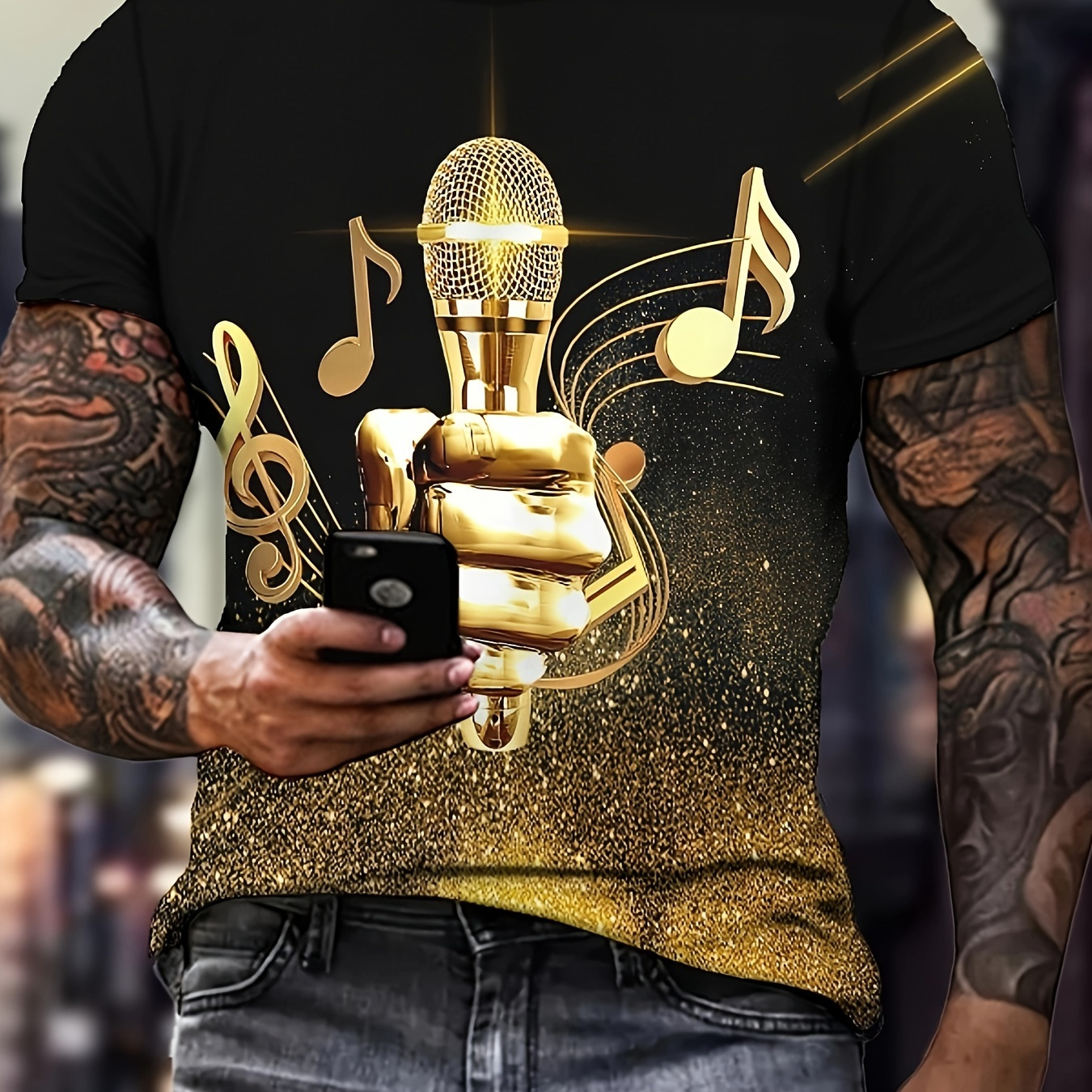 

Men's 3d Digital Hand Holding Microphone Pattern And Note Print T-shirt With Crew Neck And Short Sleeve, Trendy And Stylish Tops For Summer Leisurewear