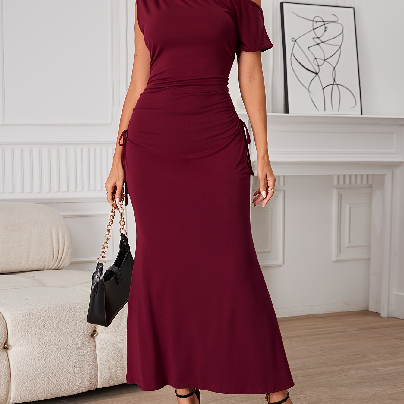 

Solid 1 Shoulder Dress, Elegant Ruched Short Sleeve Lace Up Dress, Women's Clothing For Elegant Dressing