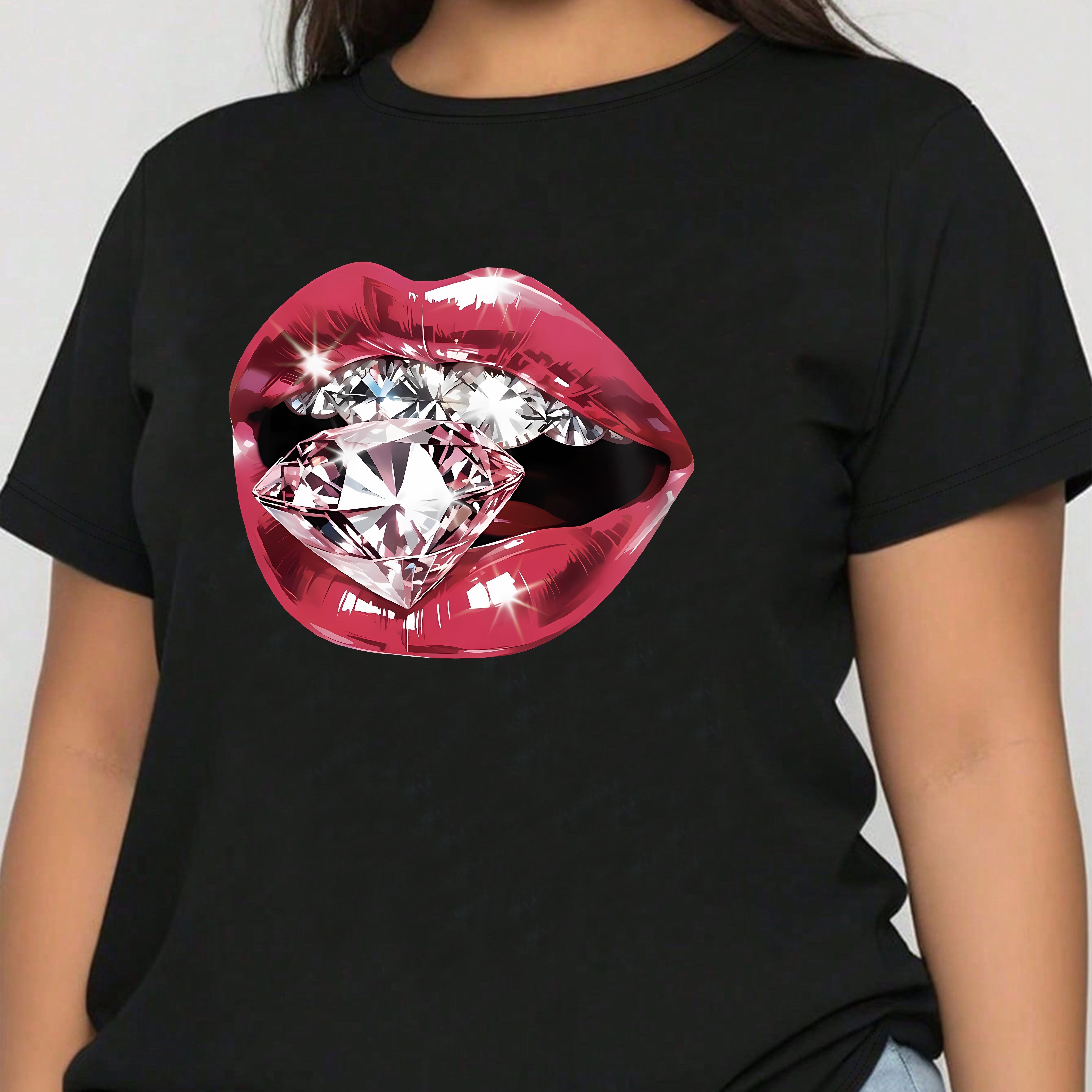 

Plus Size Chic Women's T-shirt With Sexy Lip & Diamond Print - , Stretch Polyester, Round Neck, Short Sleeve - Machine Washable, Ideal For Spring/summer/fall, Plus Size Blouses