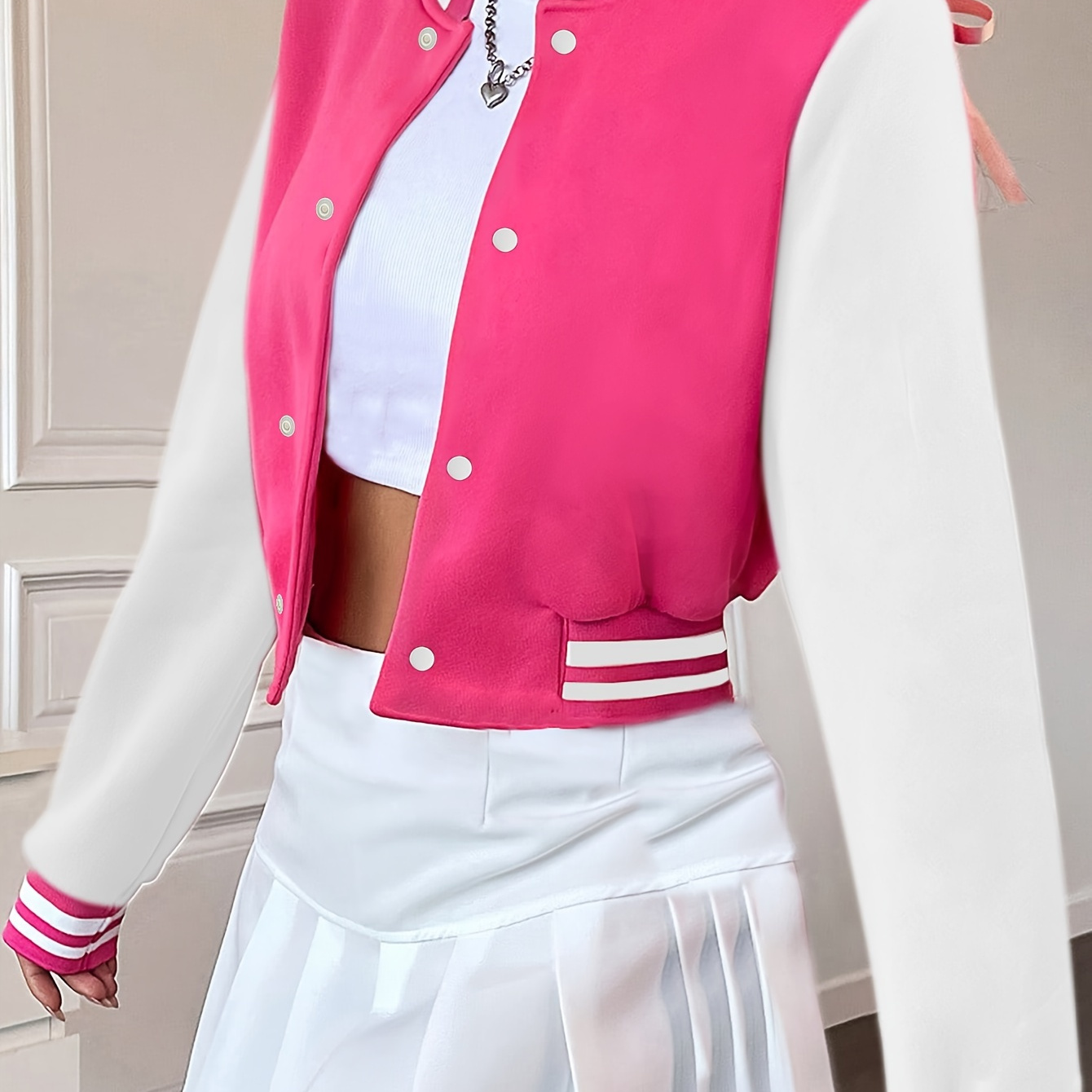 

Girl's Color Blocking Long Sleeve Baseball Jacket, Cute Trendy Preppy Style Coat For Winter And Autumn, Creative Gift