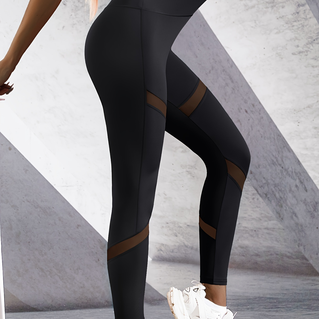 Solid Color Mesh Contrast Fitness Gym Sports Leggings, High Waist Yoga  Workout Running Tight Pants, Women's Activewear