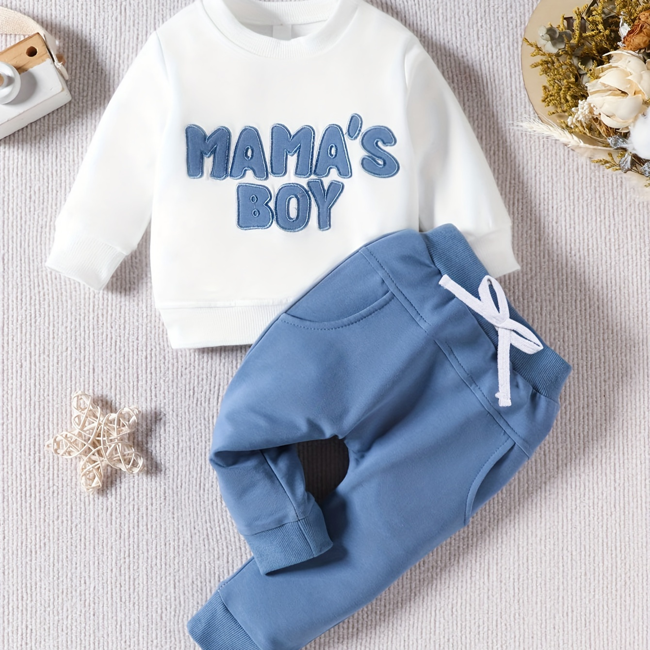 

2pcs Baby Boy's "mama's Boy" Patched Outfit, Sweatshirt & Pants Set, Baby's Clothing, As Gift