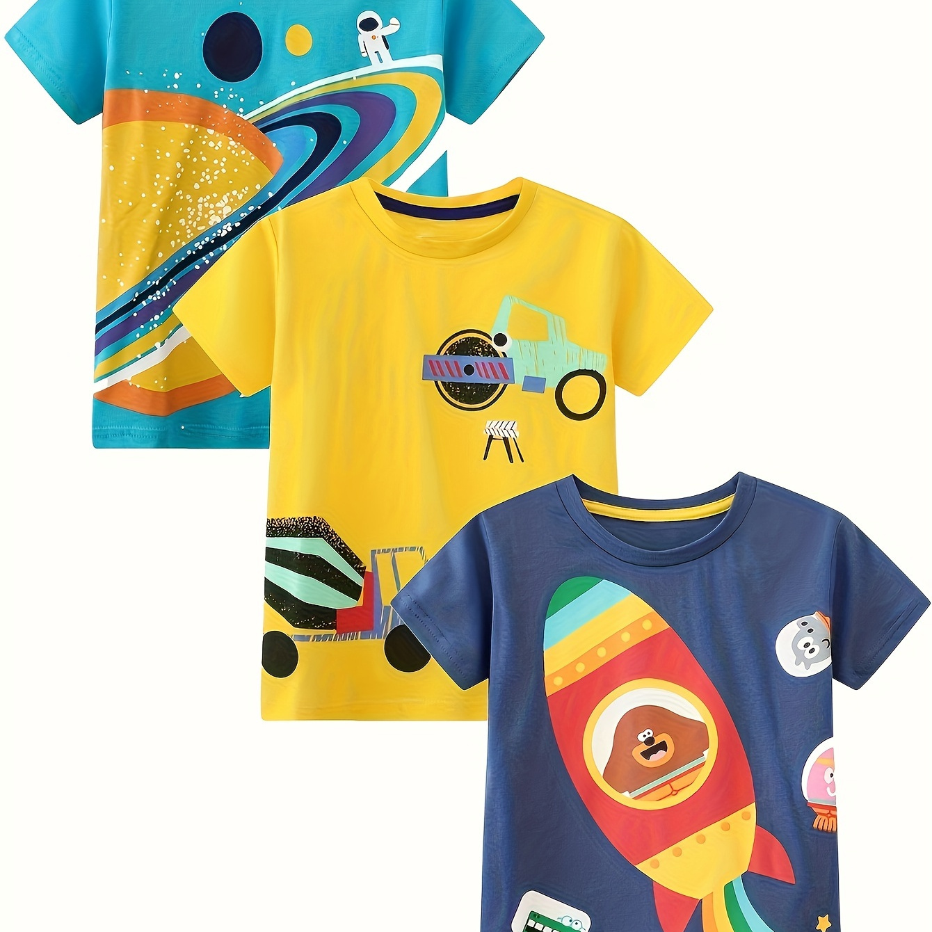 

3 Piece Combination Boys Summer Short Sleeve T-shirt Cotton Casual Crew Neck Top Rocket Random Pattern Basic Vacation T-shirt 2-7y