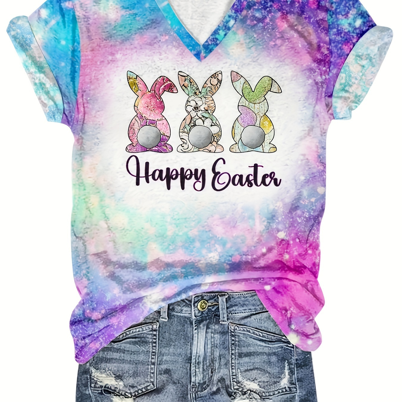 

Plus Size Women's Casual V-neck Print T-shirt - Print Loose