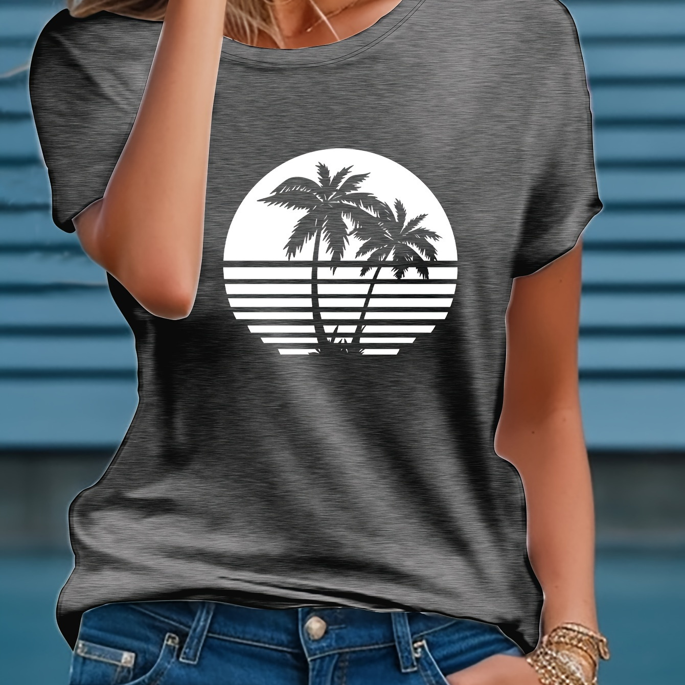 

Coconut Palm Graphic Print T-shirt, Short Sleeve Crew Neck Casual Top For Summer & Spring, Women's Clothing