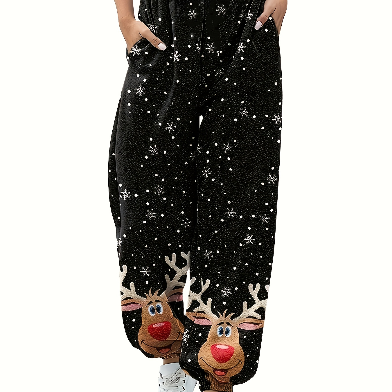 

Christmas Reindeer Print Loose Jogger Pants, Casual Elastic Waist Pants With Pocket, Women's Clothing