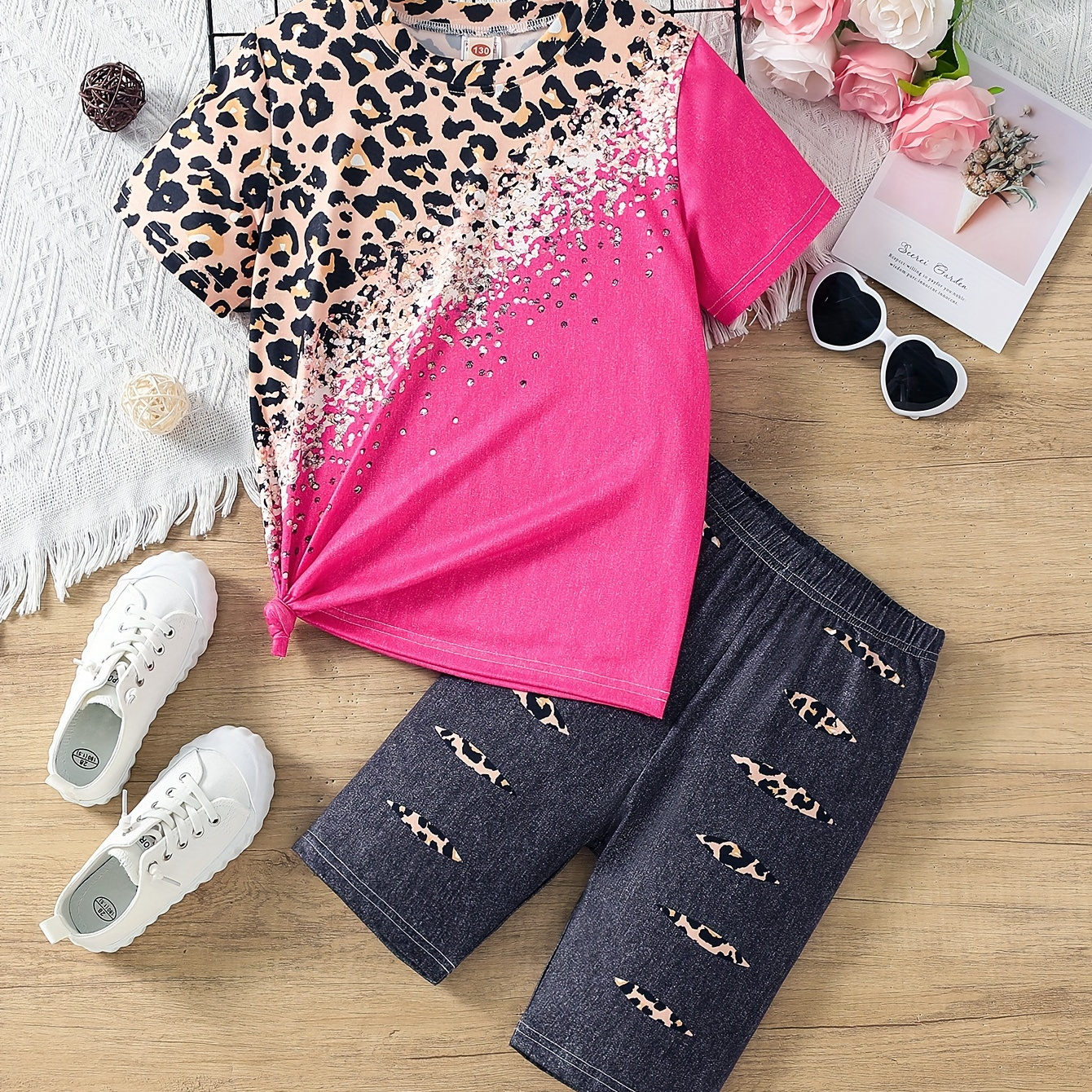 

Short-sleeved Top + Shorts 2-piece Mixed Suit For Girls Fashion Casual Imitation Denim Leopard Print Comfortable Suit Outdoor Sports Suit