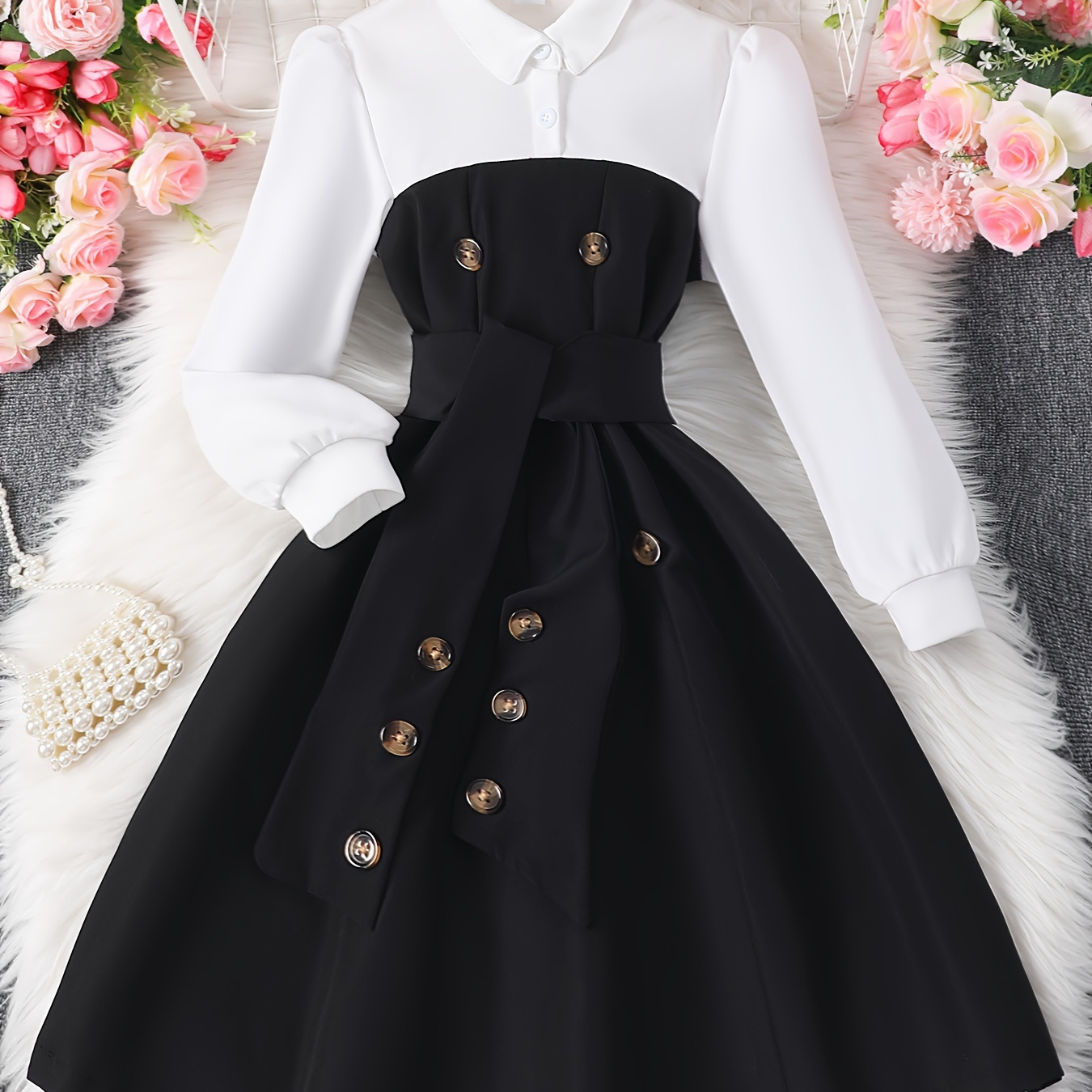 

Girls Autumn Long-sleeved Lapel Button Fashion Stitching Contrast Color Dress ( Development)