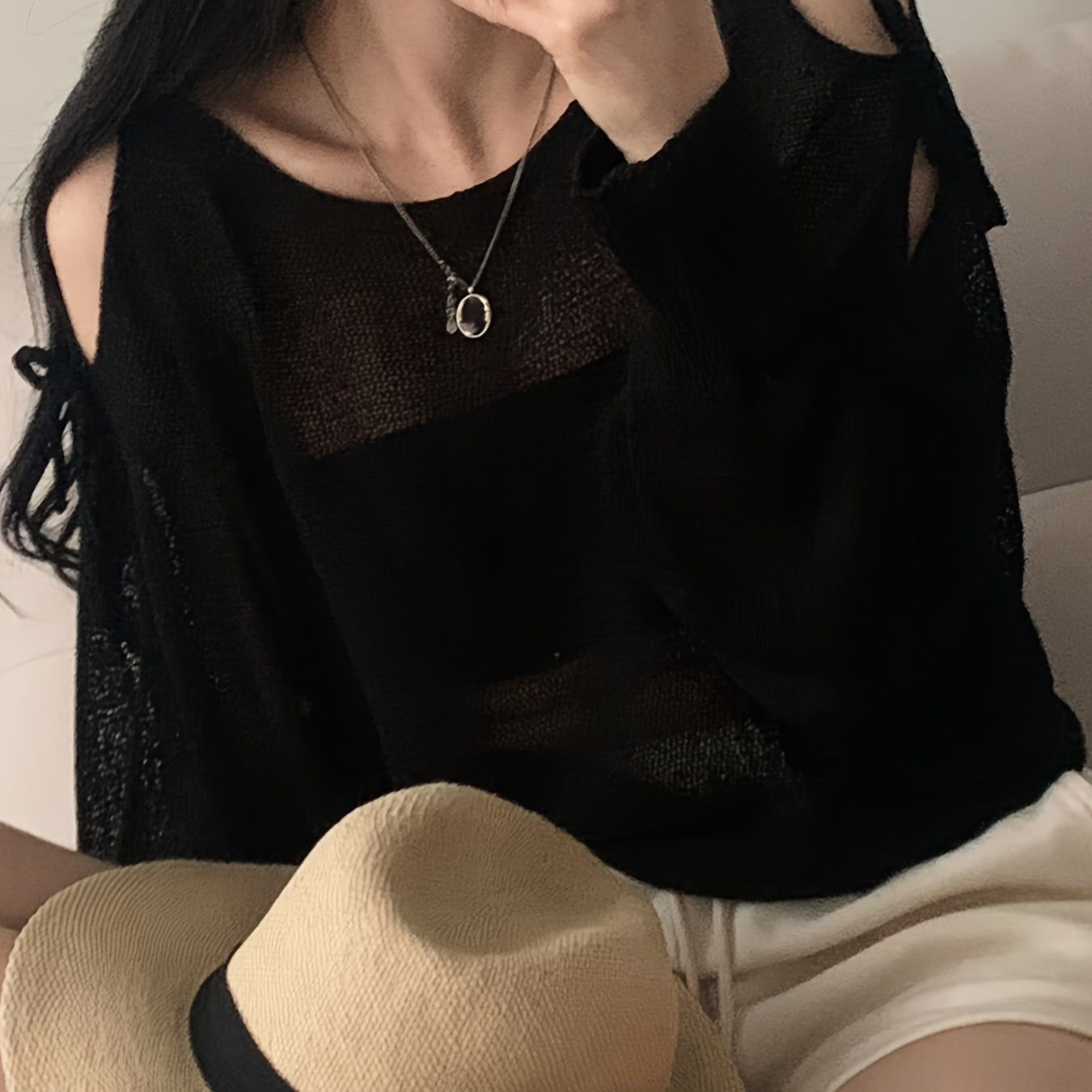 

Cold Shoulder Crew Neck Sweater, Casual Long Sleeve Tie Sweater For Spring & Fall, Women's Clothing