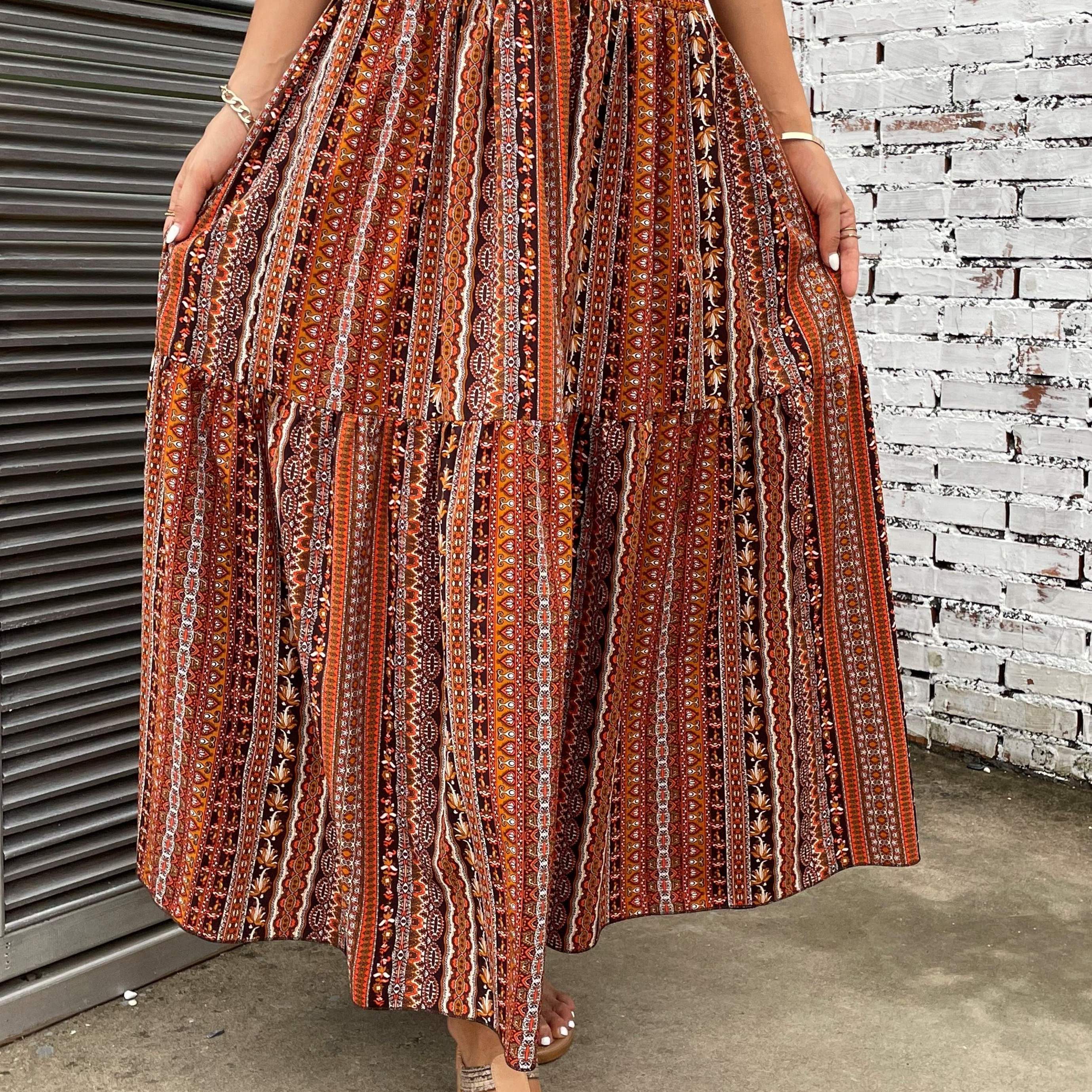 

Tribal Floral Print High Waist Skirt, Casual A Line Maxi Skirt, Women's Clothing