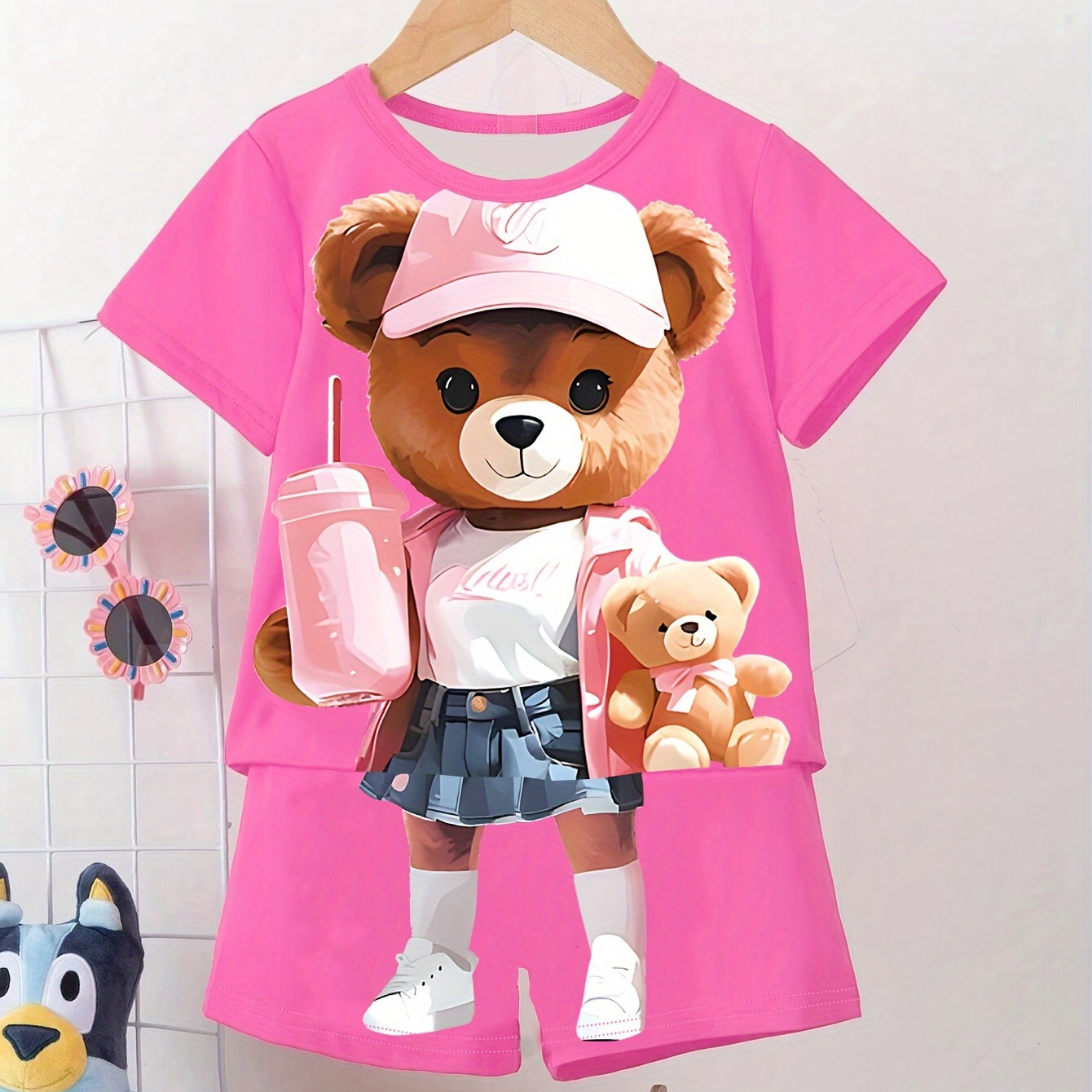 

Trendy 1 Set Girl's Bear 3d Graphic Tee + Shorts Co-ords Set, Comfy & Fashion Girls Spring/ Summer Outfit