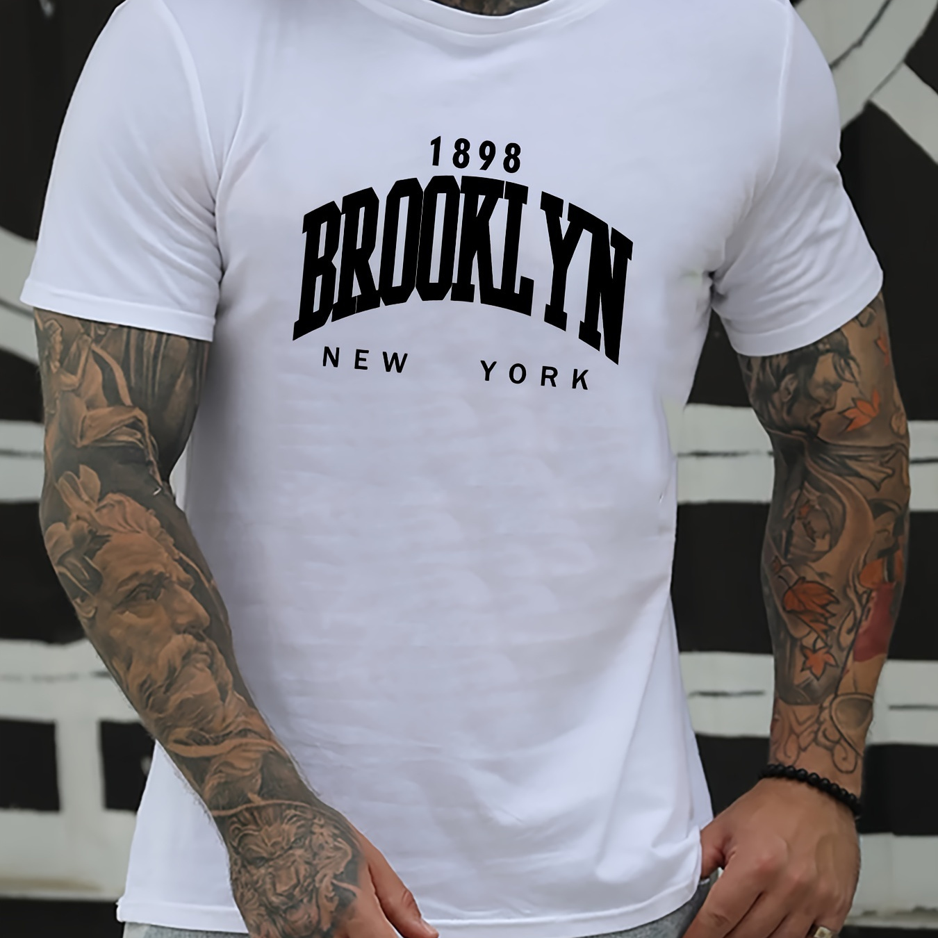 

Trendy Brooklyn Letter Graphic Print Men's Creative Top, Casual Short Sleeve Crew Neck T-shirt, Men's Clothing For Summer Outdoor