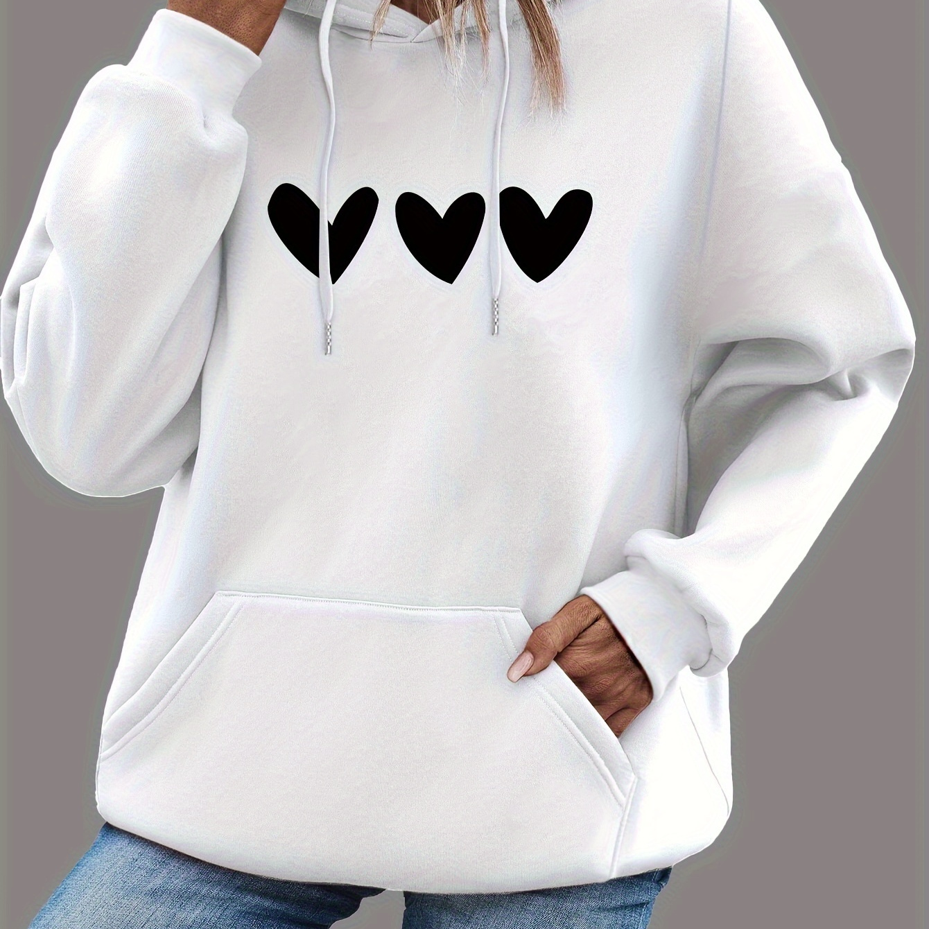 

Heart Print Kangaroo Pocket Hoodie, Casual Long Sleeve Drawstring Hoodies Sweatshirt, Women's Clothing