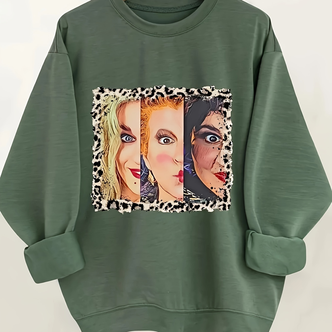 

Plus Size Cartoon Print Crew Neck Sweatshirt - 100% Polyester Casual Knit Fabric With Slight Stretch, Long Sleeve Pullover For Fall/winter