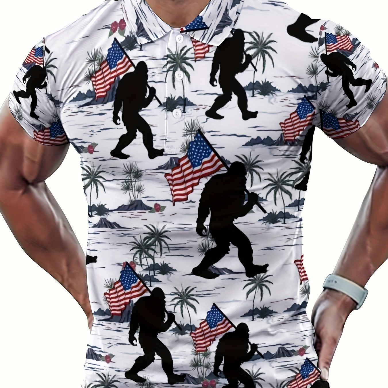 

Plus Size Men's Gorilla Print Golf Shirt, Casual Lapel Short Sleeve Shirt For Outdoor