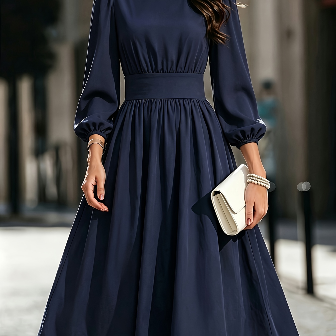 Navy Blue Long Sleeve Flowy Maxi Dress
