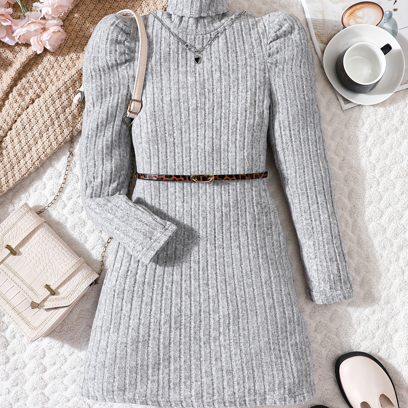 

Elegant Ribbed Knit Dress With Belt, Girls, High Neck Long Sleeve Dresses For Autumn/ Winter, Gift, Party, Girls' Clothing