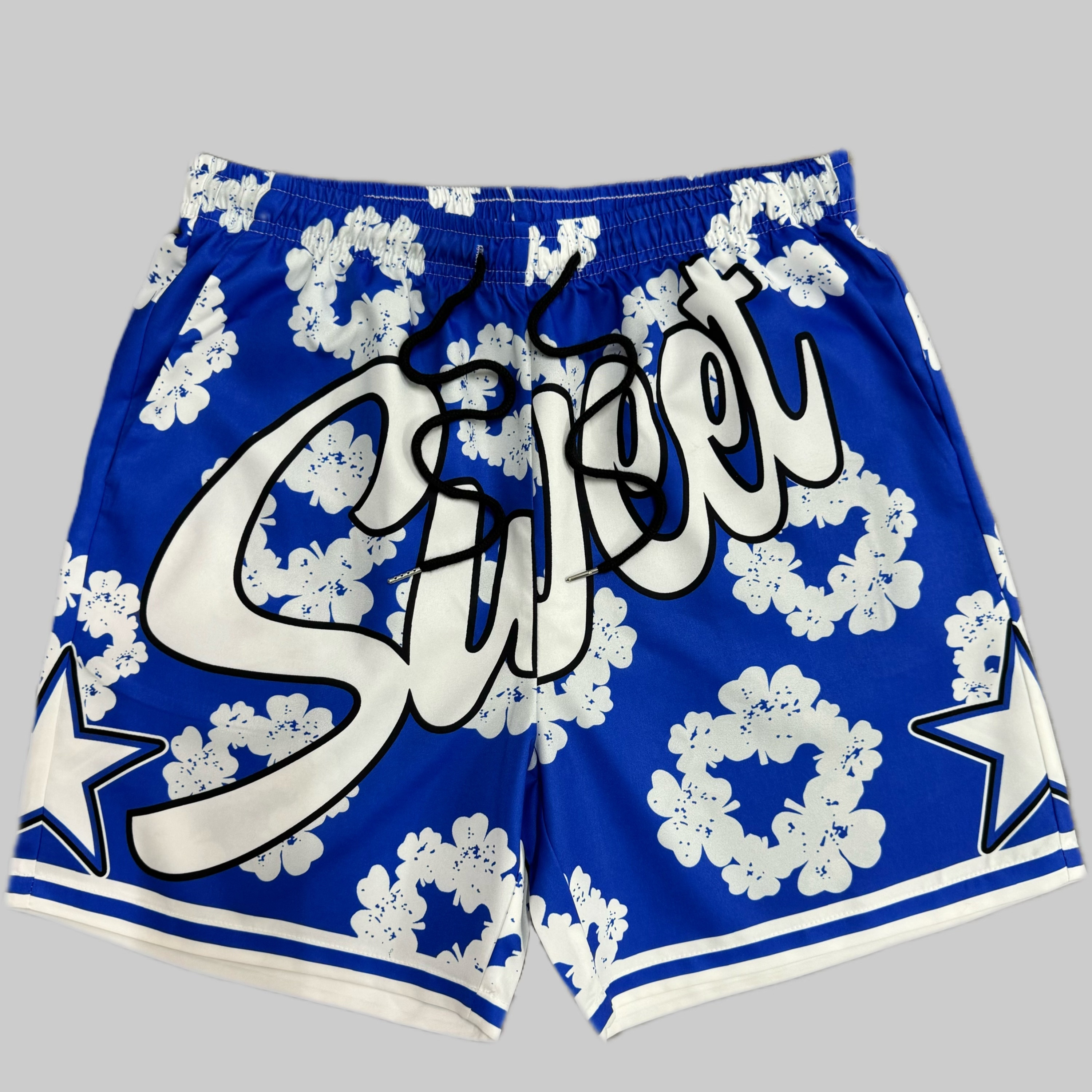 

Men's Flowers And Stars Pattern Shorts With Drawstrings, Casual Sports Shorts For Summer Daily Outdoor Streetwear