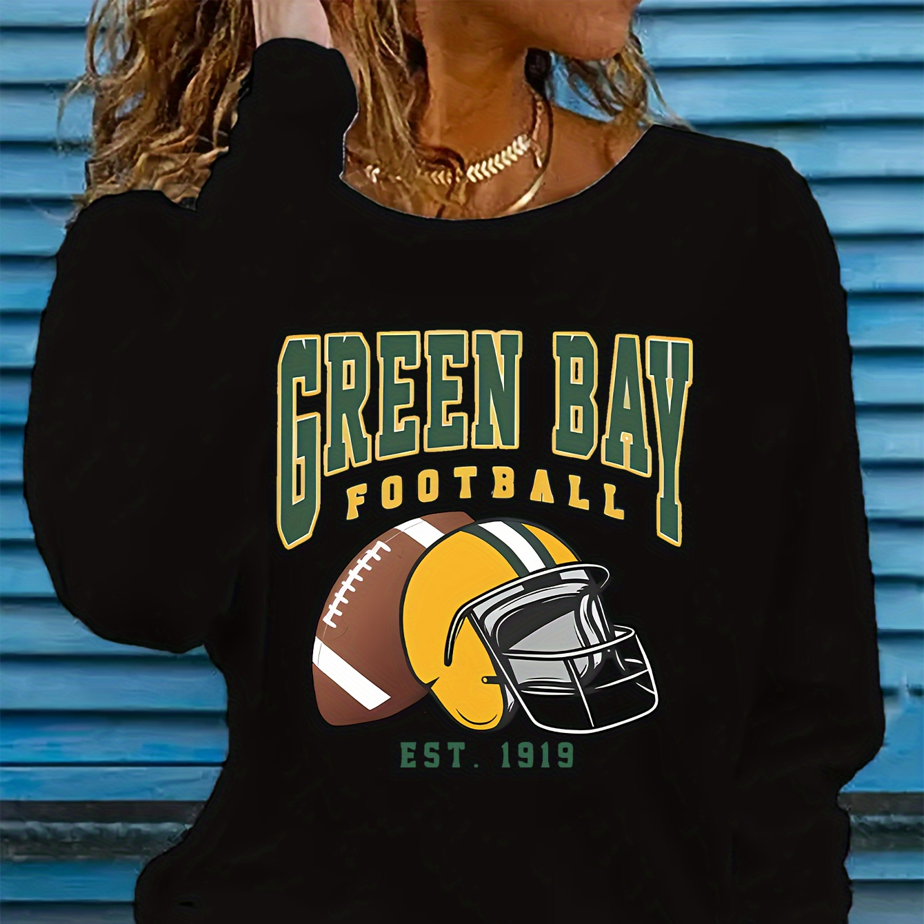 

Women's Casual Long Sleeve T-shirt With Football Graphic - Crew Neck, Soft Polyester, Machine Washable - Spring & Fall