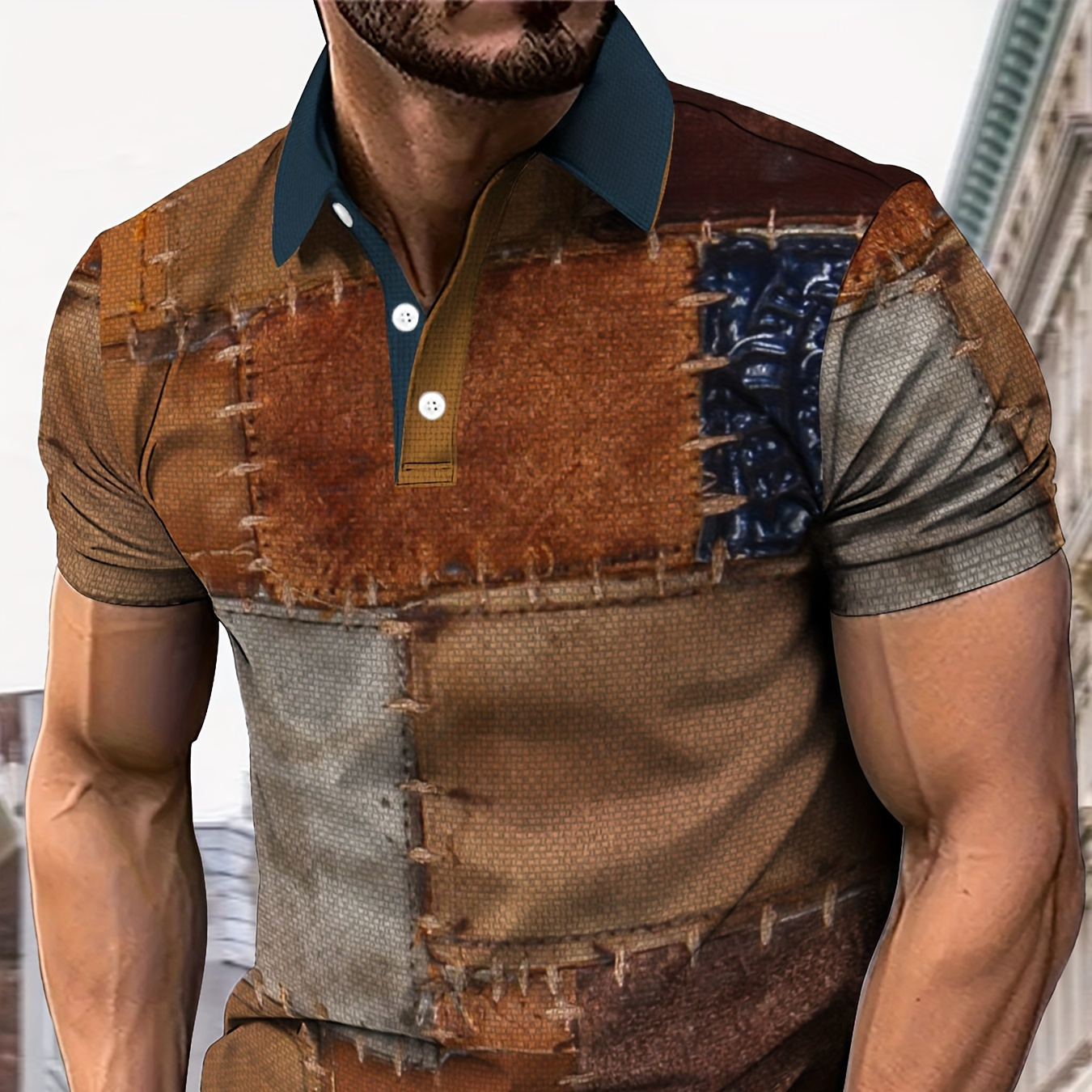 

Men's Patchwork Patterns Retro Print Summer Short Sleeve Lapel T-shirt, Casual Comfy Top As Gift