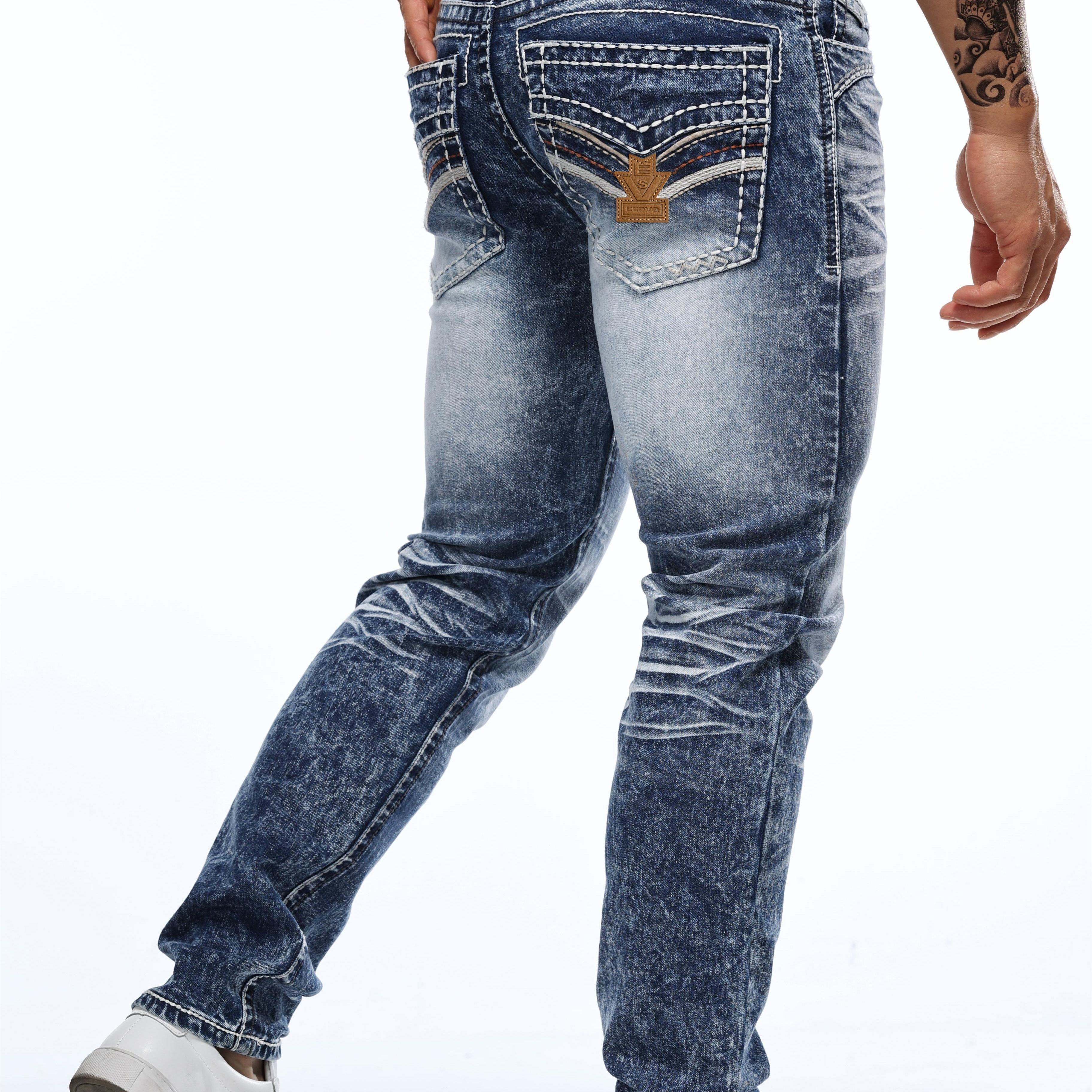 

Jeans Extensibles Brodés d'Inspiration Vintage pour Hommes - Coupe Slim, Denim en Mélange de Coton avec Tissu Mi-Extensible, Lavable en Machine, Grande Taille en Denim