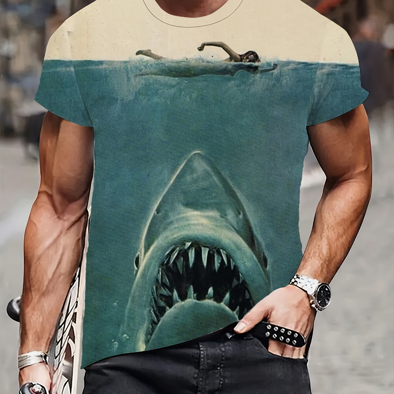 

Men's Shark Print T-shirt, Casual Short Sleeve Crew Neck Tee, Men's Clothing For Outdoor