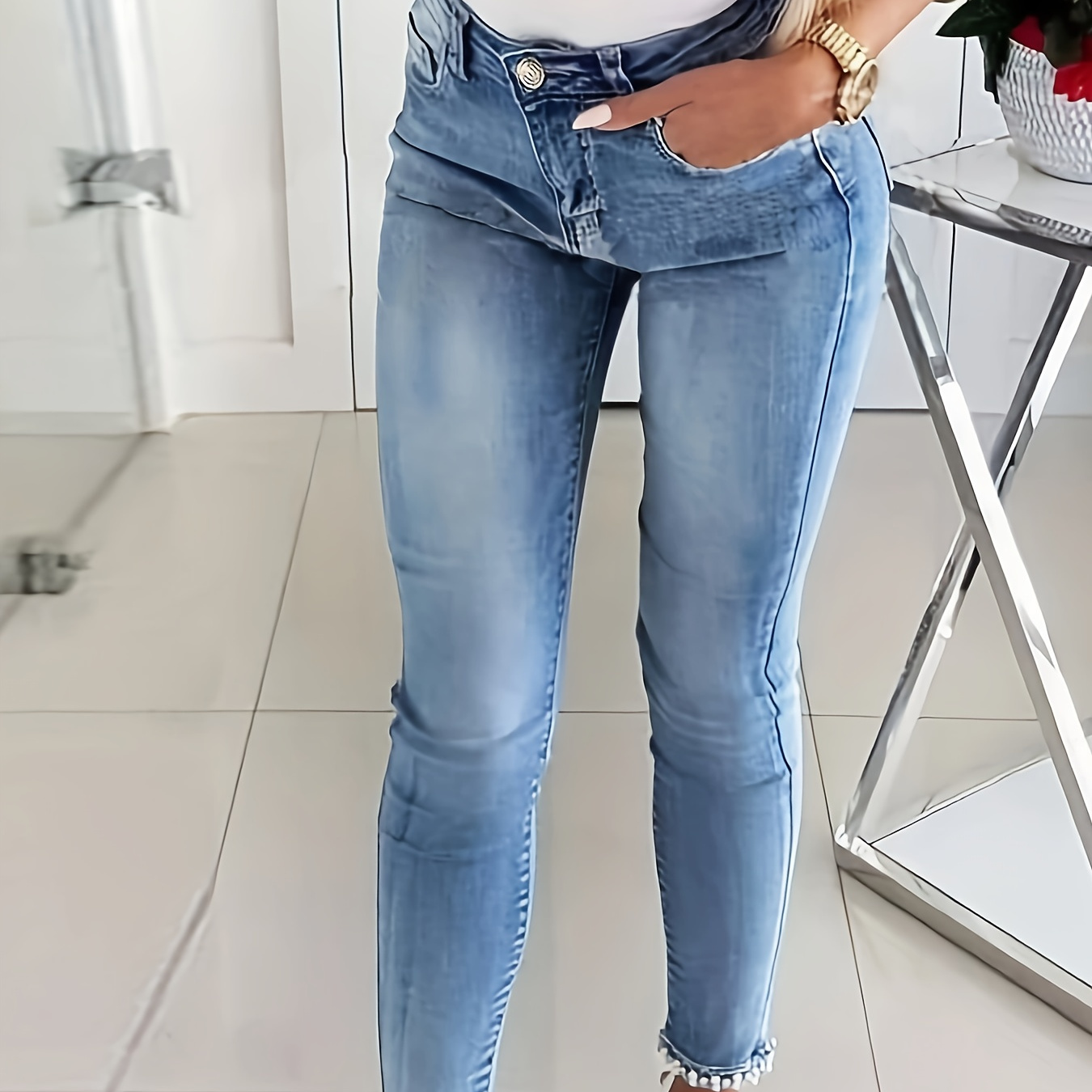 

Plus Size Faux Pearl Bowknot Decor Split Hem Skinny Fit Coquette Aesthetic Denim Pants, Women's Denim Jeans & Clothing