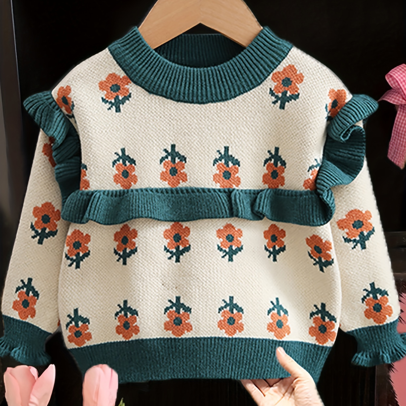 

Girls Ruffled Flowers Jacquard Knit Pullover Sweater Warm Tops For Teens Kids, Fall/ Winter Clothing