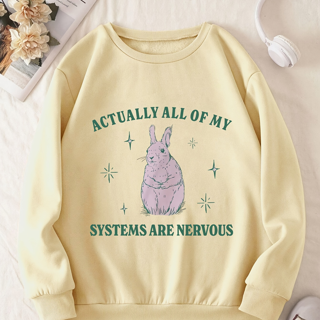 

Women's Cozy Rabbit Print Sweatshirt - Long Sleeve, Round Neck Pullover For Fall & Winter, Machine Washable