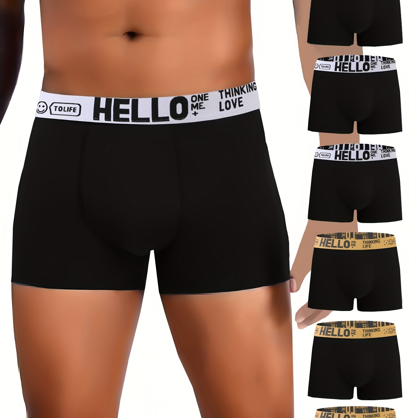 

Random 6pcs Hello Printed Belt Men's Flat Angle Underwear - Super Breathable, Comfortable, Soft Sports Shorts, High Boxing Shorts, Fitness Shorts, Casual Men's Underwear