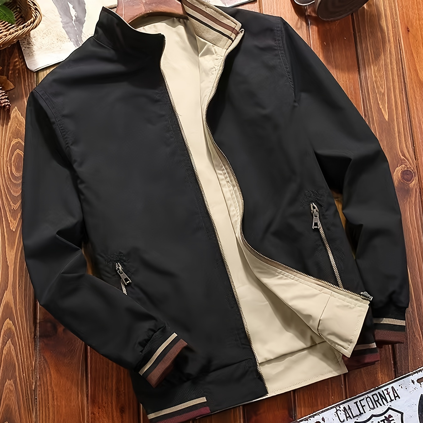 

Men's Spring And Autumn Classic Design Reversible Striped Stand Collar Zip Up Long Sleeve Windbreaker Jacket, Versatile For Outdoors Leisurewear