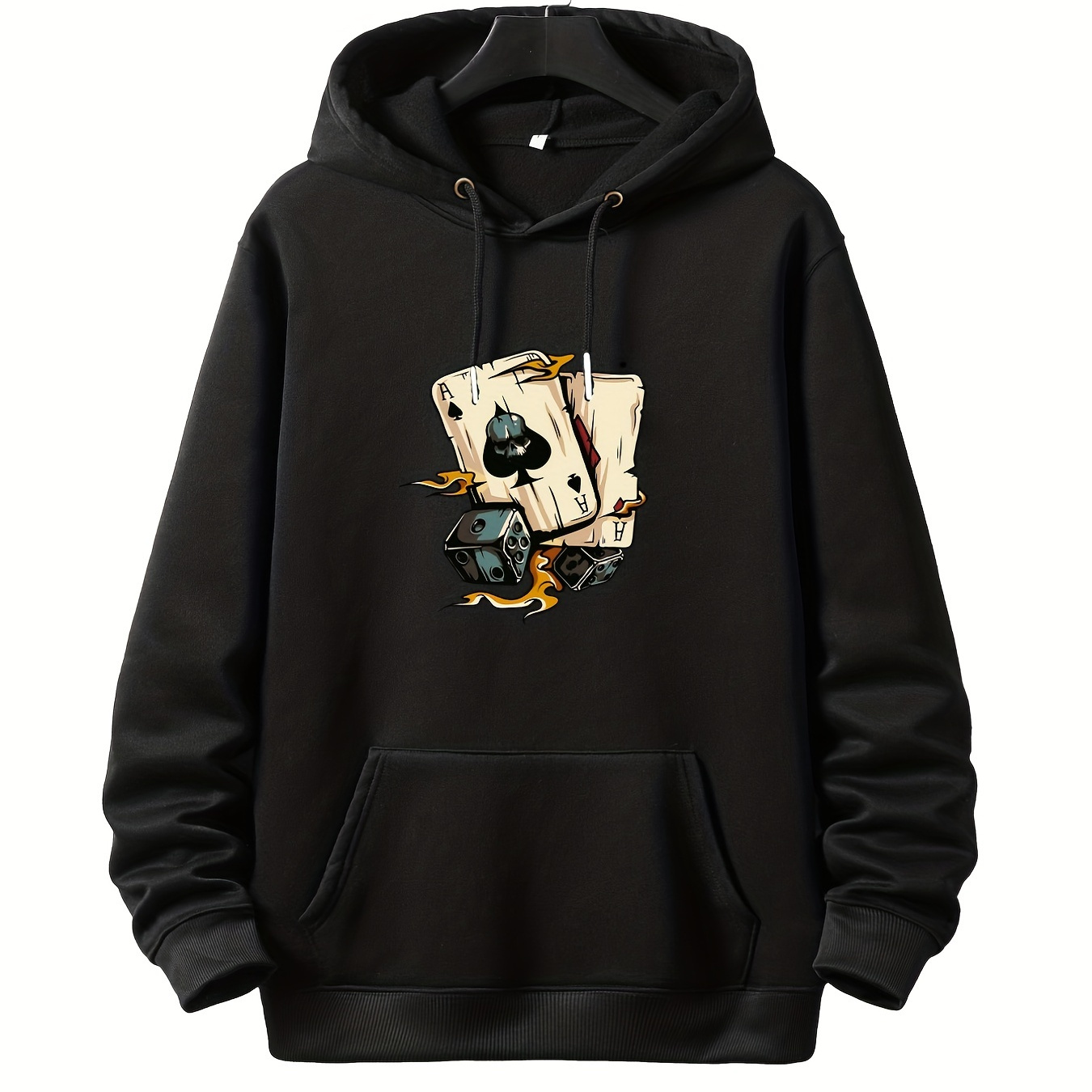 

Plus Size Men's Poker Card And Dice Pullover Drawstring Hoodie, Oversized Loose Clothing For Big And Tall Guys