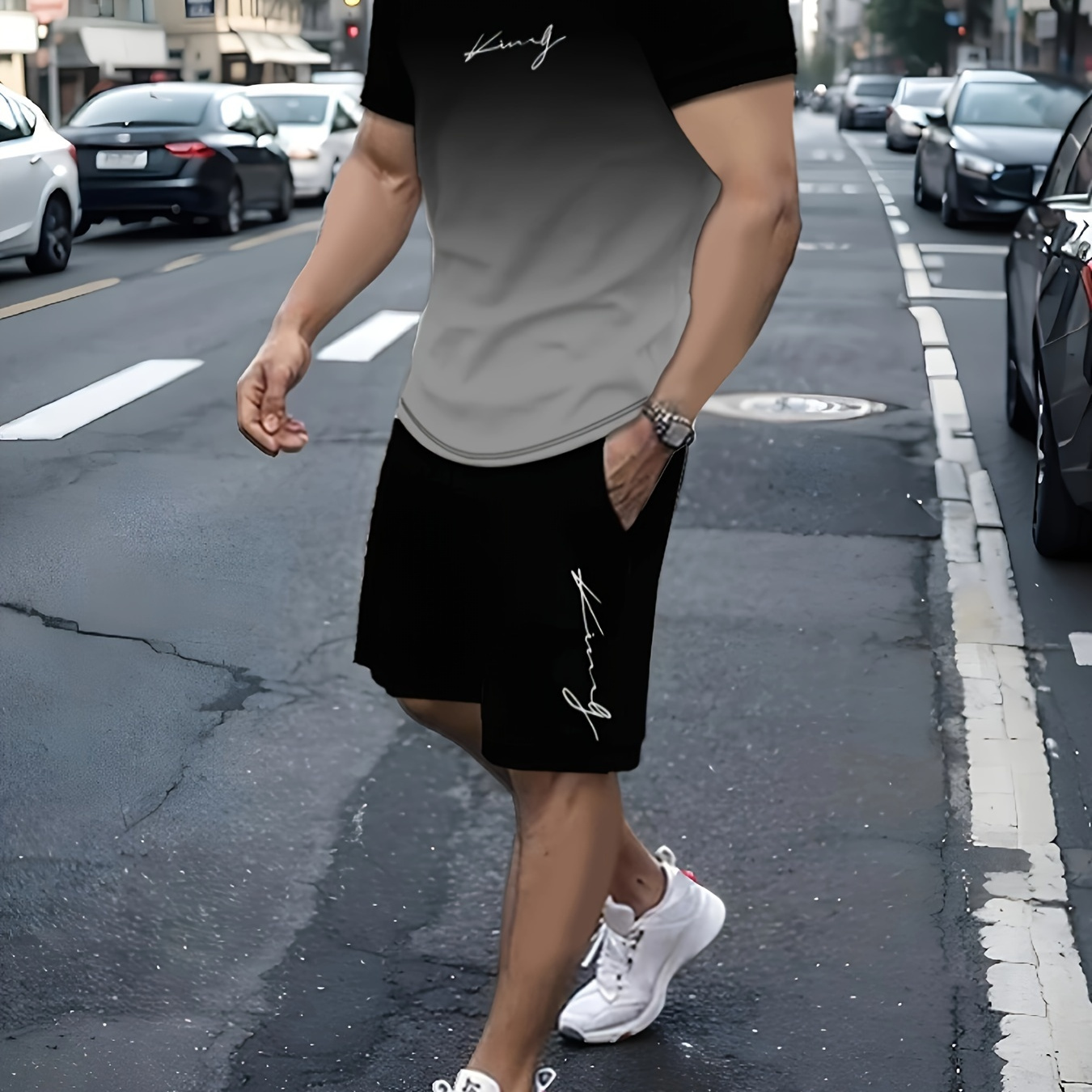 

Men's Outfit, Gradient Graphic Print Casual Crew Neck Short Sleeve T-shirt & Shorts 2-piece Set For Summer Outdoor Activities