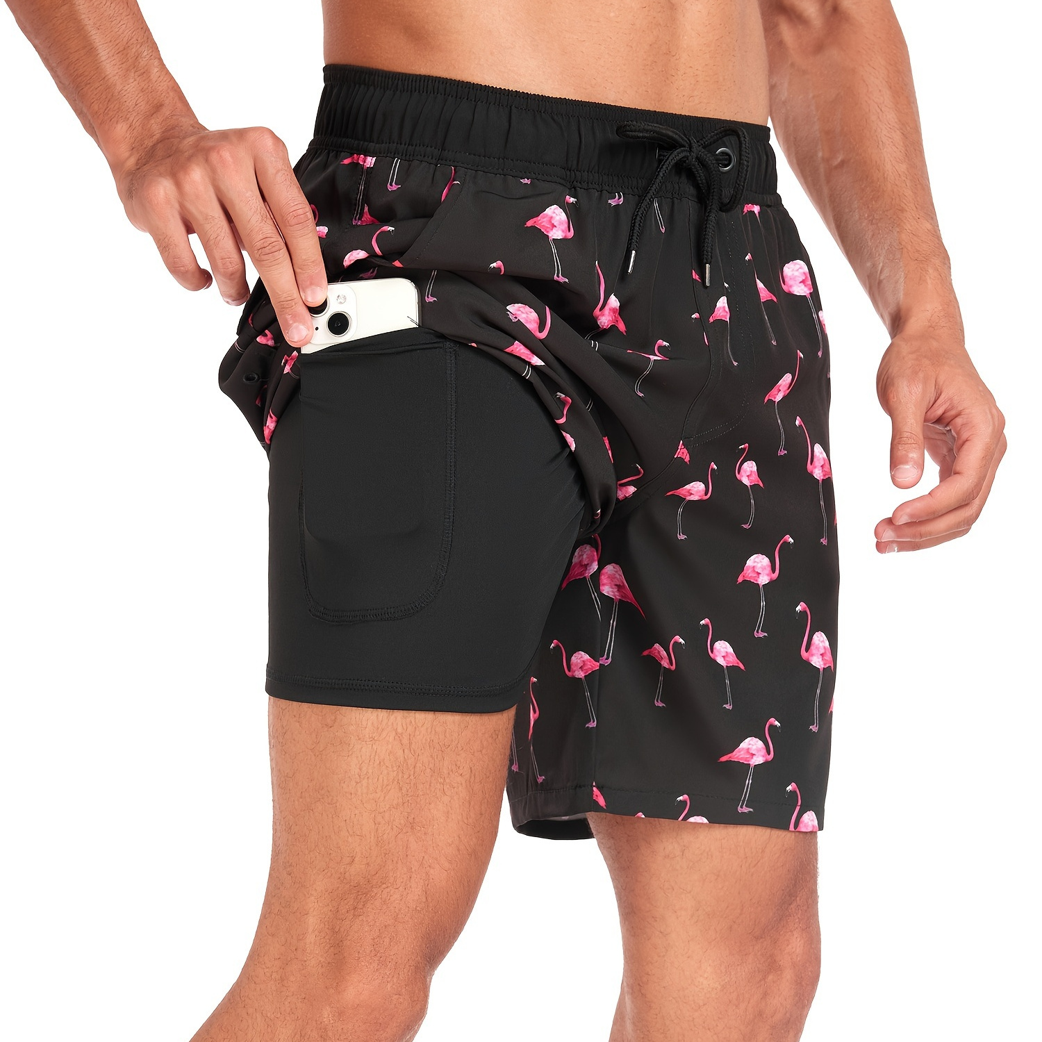 

Men's Trendy Hawaiian Graphic Shorts With Drawstring And Fancy Flamingo Print, Quick Dry Swim Trunks For , Pool And Resort