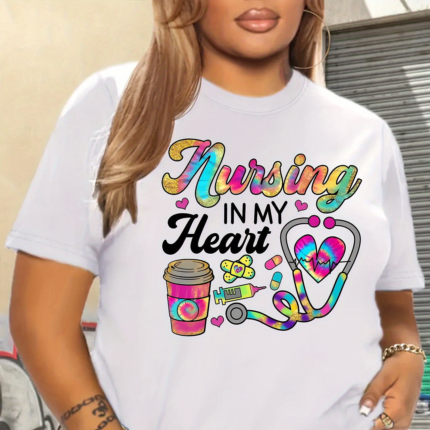 

Plus Size Colorful Nursing Letter Print Casual T-shirt, Round Neck Short Sleeves Fashion Sports Tee, Women's Activewear