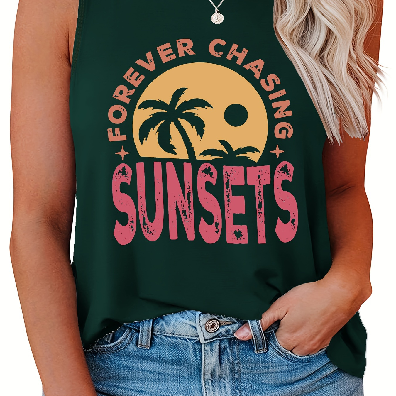 

Women's Casual Sports Tank Top, Plus Size Sunset & Coco & Slogan Print Stretchy Round Neck Breathable Fitness Tank Top