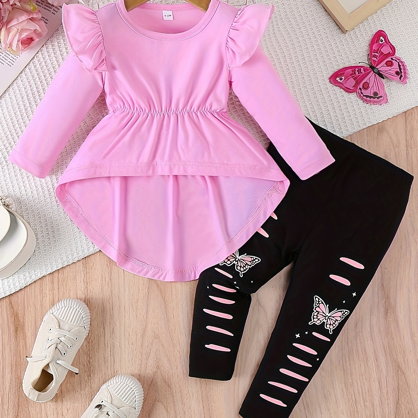 

2pcs 's Peplum Top + Pants, Toddler & Infant 's Clothing Set