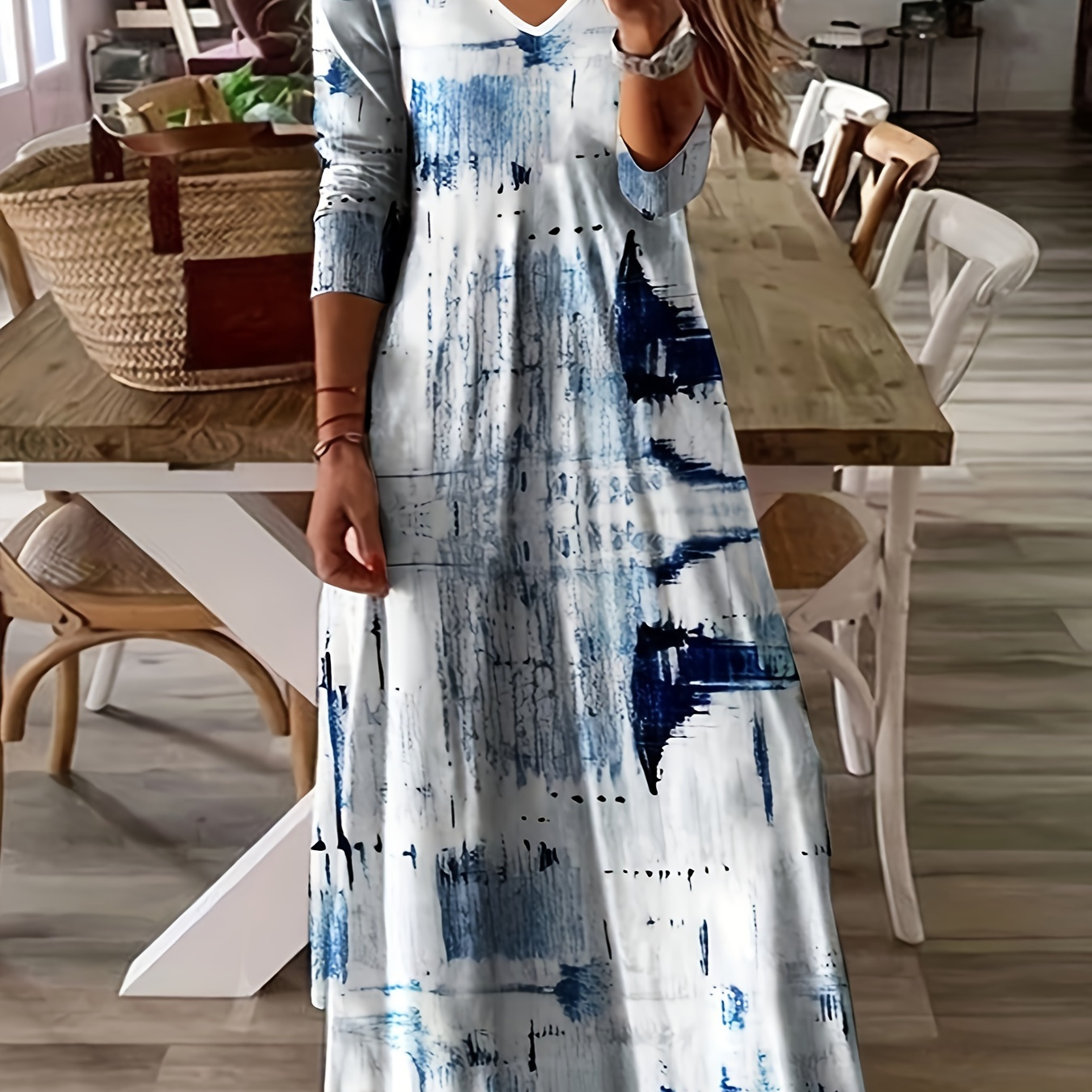 

Abstract Print Dress, Casual V Neck Long Sleeve Maxi Dress, Women's Clothing