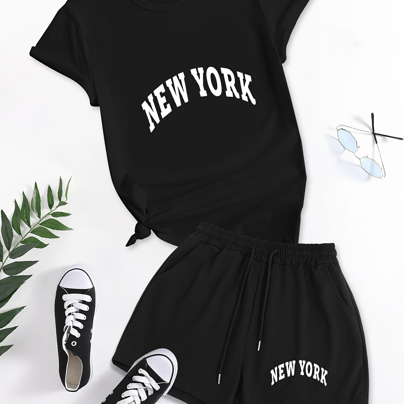 

New York Print Casual Shorts Set, Crew Neck Short Sleeve T-shirt & Elastic Waist Slant Pocket Drawstring Shorts Outfits, Women's Clothing