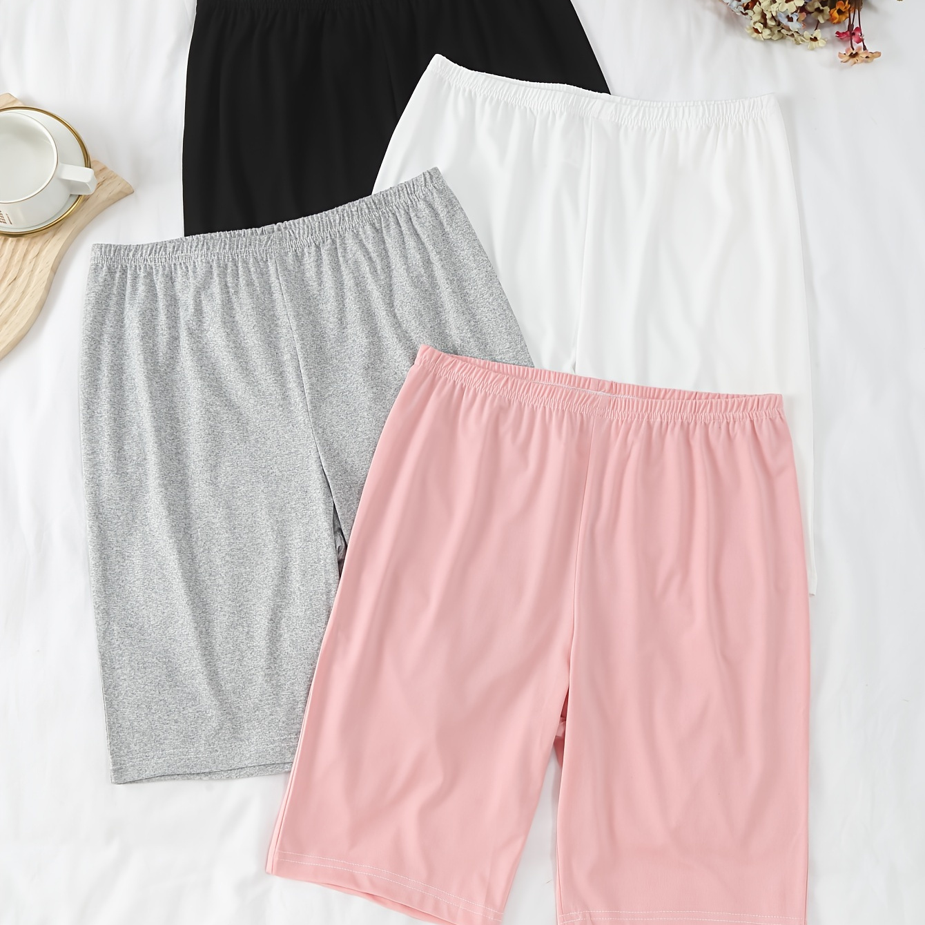 

4pcs Women's Plus Casual Sleep Shorts, Plus Size Solid Elastic Waist Soft & Comfy Lounge Shorts