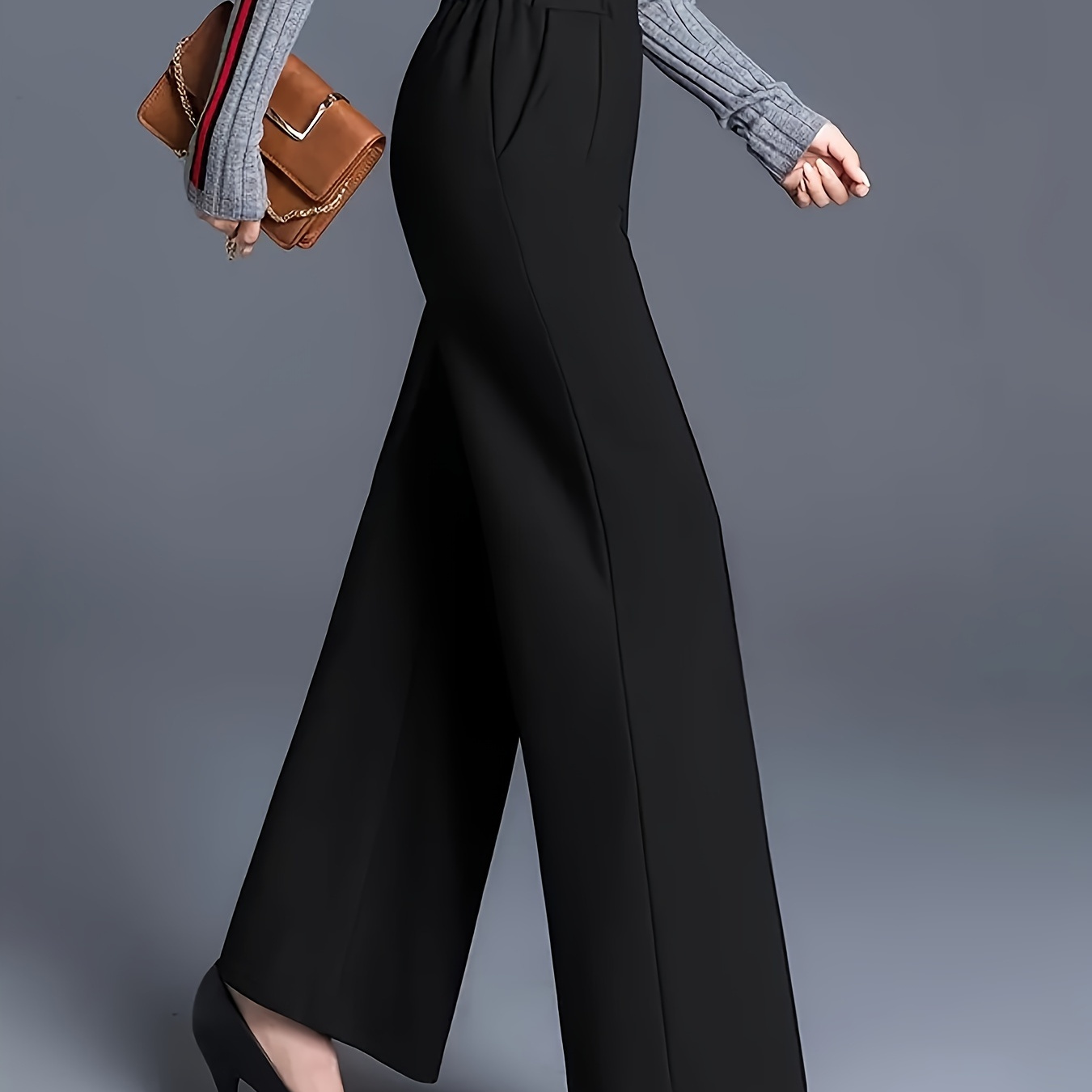 

Pantalon large uni, élégant à taille haute avec poches obliques, pour et , vêtements pour femmes