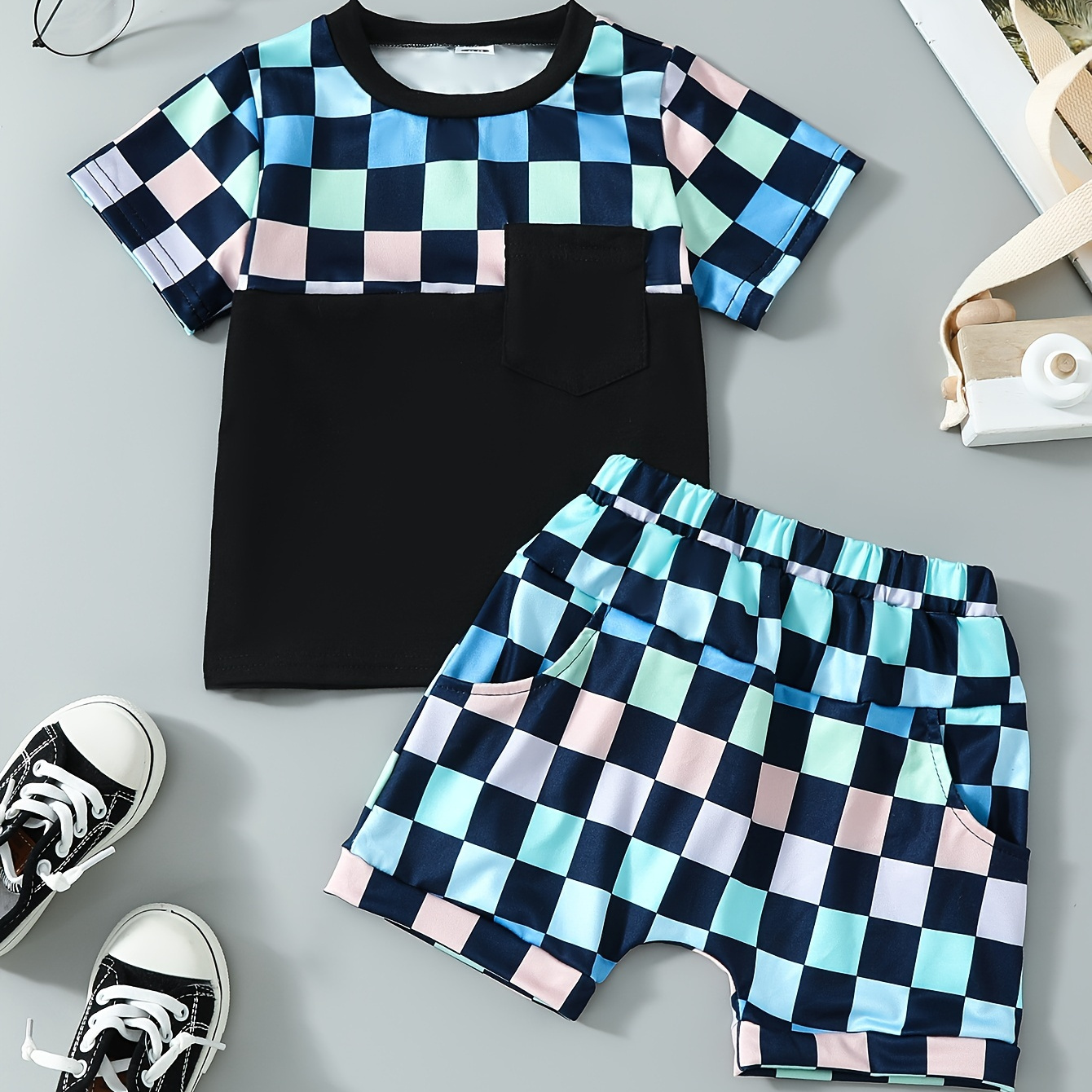 

2pcs Infant & Toddler's Colorful Checkerboard Pattern Casual Outfit, T-shirt & Elastic Waist Shorts, Baby Boy's Clothes