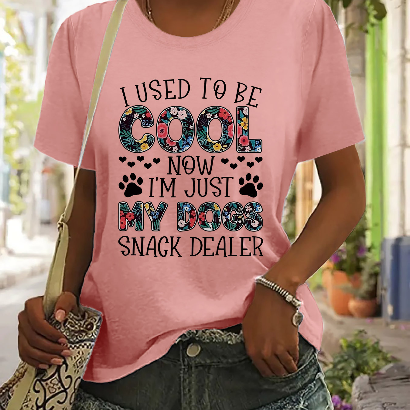 

Letter & Paw Print T-shirt, Short Sleeve Crew Neck Casual Top For Summer & Spring, Women's Clothing