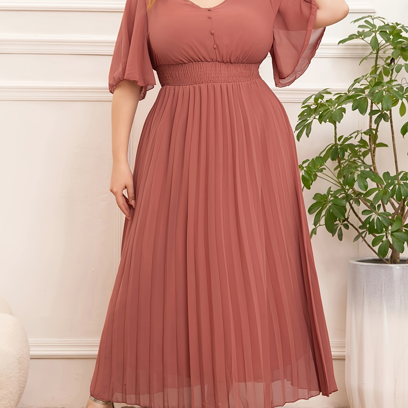

Size Pleated Dress For Women - V-neck, Solid Color, Fashion