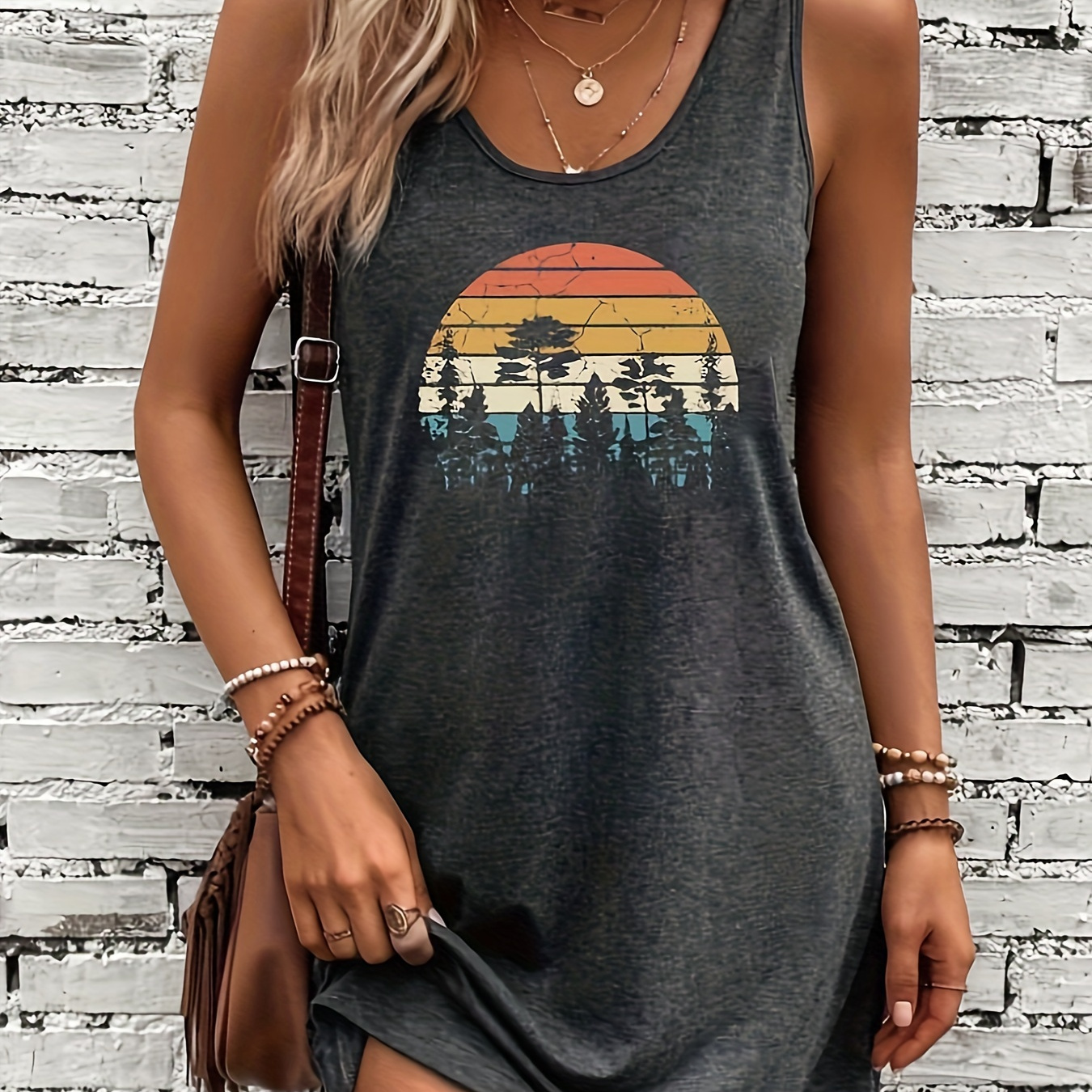 

Robe Décontractée à Imprimé Tropical pour Femme - Col Rond, Manches, Tissu Tricoté, Lavable en Machine - Parfaite pour /Été/Automne