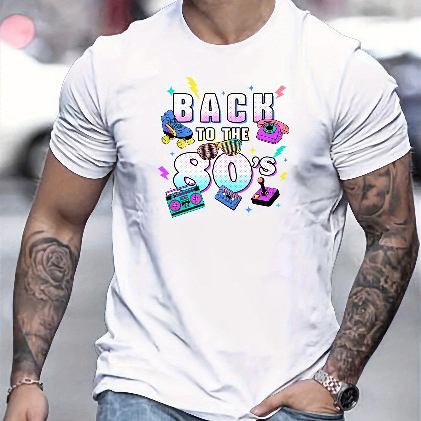 

T-shirt ras du cou à manches courtes pour homme avec imprimé graphique BACK TO THE 80's, T-shirts en pur coton, haut décontracté confortable et polyvalent pour l'été