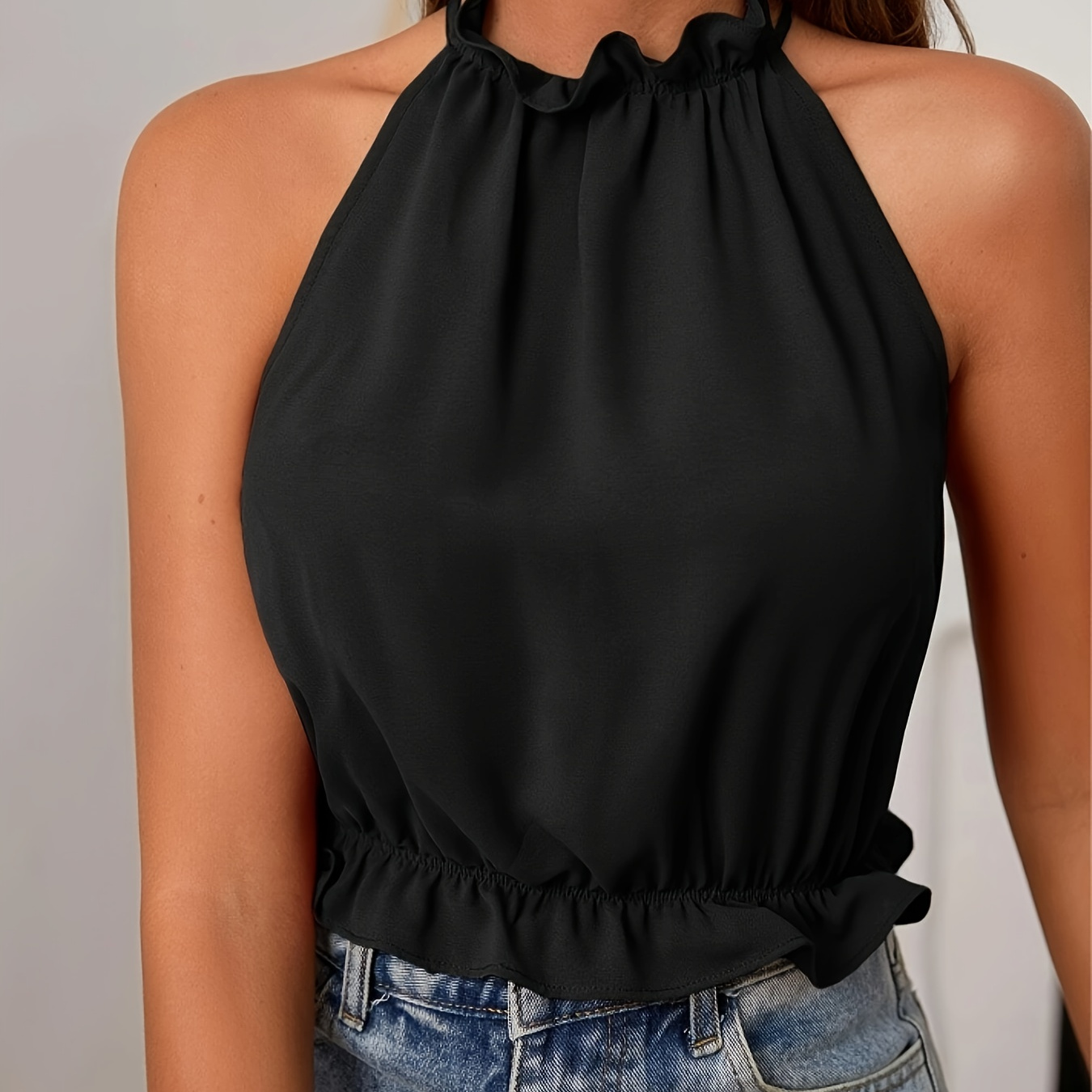

Tie Back Halter Neck Top, Elegant Ruched Trim Sleeveless Top For Spring & Summer, Women's Clothing