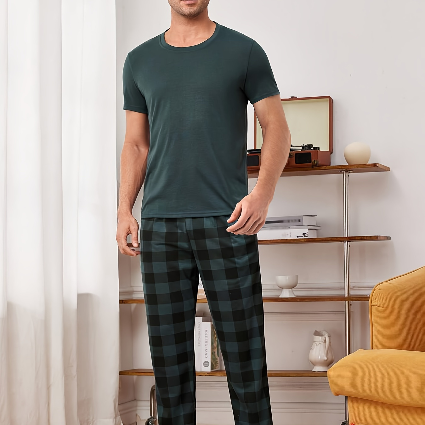 

2 Pcs Men's Round Neck Short Sleeve & Plaid Trousers Pajama Set, Comfortable & Skin-friendly Style Pajamas For Men's Cozy Loungewear