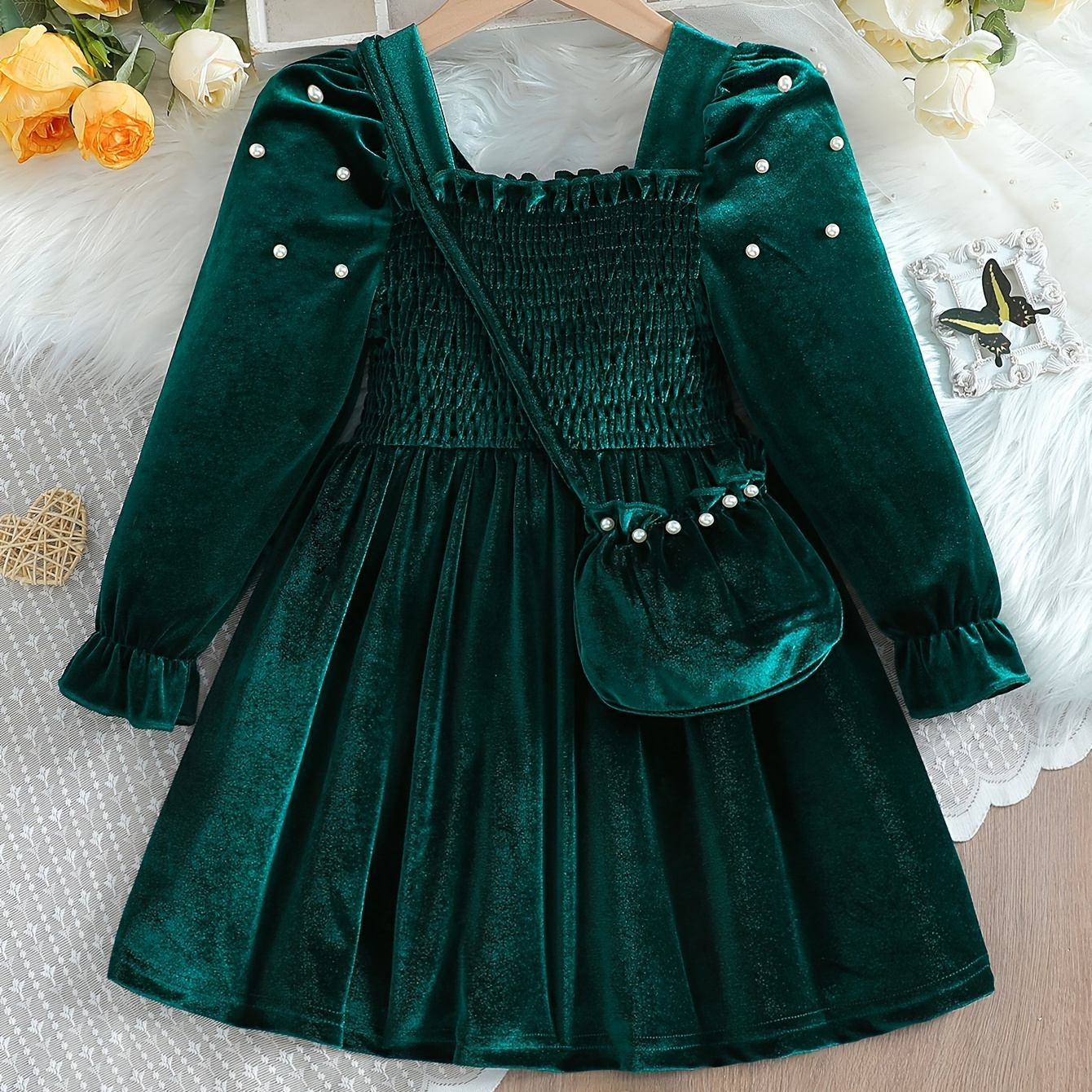 

Girls Sweet & Stylish Long Bubble Sleeve Beads Decor Smocked Bust Velvet Dress With Crossbody Bag For Dinner Party Outdoors