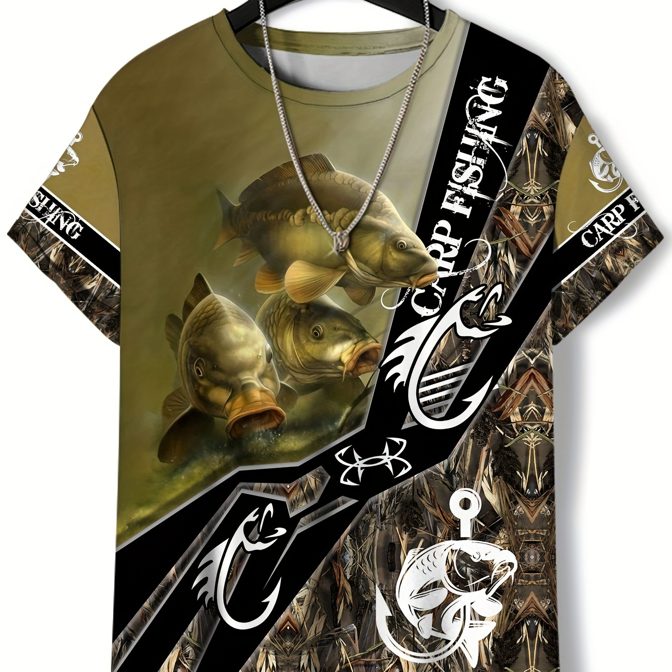 

Men's 3d Digital Fishing Theme Pattern And Letter Print Crew Neck And Short Sleeve T-shirt, Chic And Stylish Tops For Summer Fishing Wear And Outdoors Activities